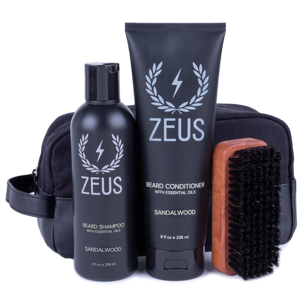 ZEUS Starter Beard Wash Kit with Travel Toiletry Bag - Beard Shampoo & Conditioner, Beard Brush & Sandalwood Scented Grooming Set for Men | Perfect for Travel, Gym & Daily Beard Care Routine