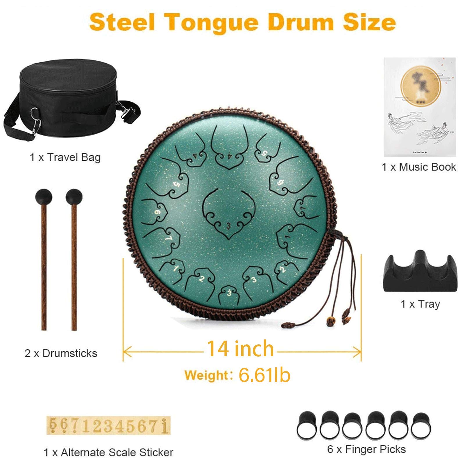 14 Inch 15 Note Steel Tongue Drum - Chakra Tank Handpan Drum Set with Carry Bag | Professional Percussion Instrument for Music Therapy, Yoga Meditation & Live Performances