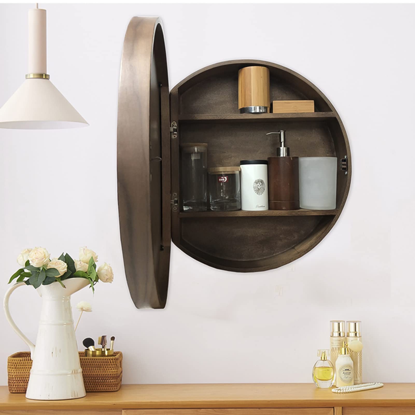 Round Wall Mounted Bathroom Medicine Cabinet with Mirror Door & Hidden Shelves - Beige, 50cm - Perfect for Small Bathrooms, Vanity Storage & Modern Home Decor