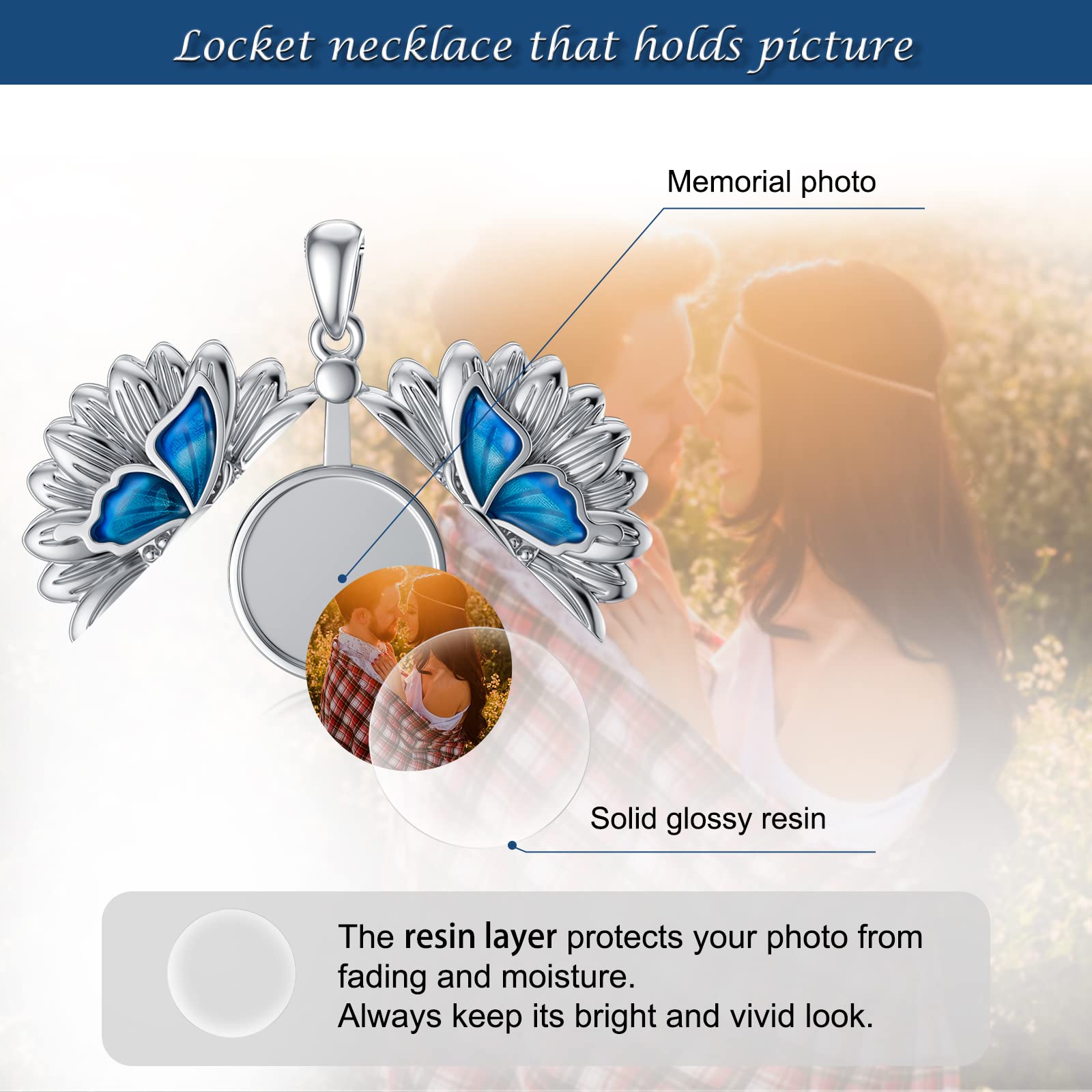 SOULMEET 1 Inch Round Sunflower Butterfly Photo Locket Necklace - Sterling Silver Personalized Expandable Pendant for Women - Perfect for Gifts, Anniversaries & Special Occasions