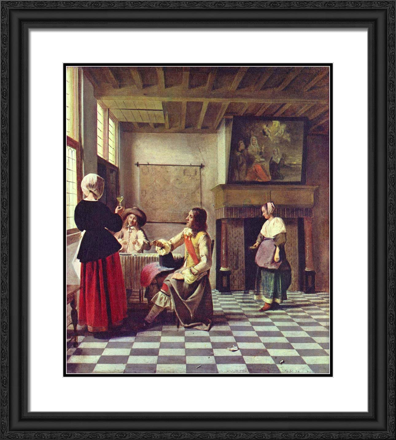 Pieter de Hooch 'A Woman Drinking With Two Men' 20x22 Inch Black Ornate Framed Art Print with Double Matting - Perfect for Living Room, Dining Room & Office Wall Decor