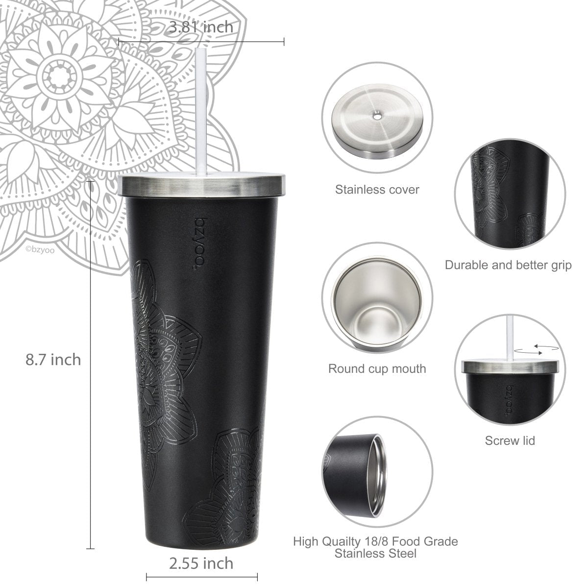 24oz Double Wall Vacuum Insulated Stainless Steel Tumbler with Straw Lid - La La Mandala Black Design | Leakproof Travel Mug for Coffee, Tea & Cold Drinks | Perfect for Office, Gym & Outdoor Activities