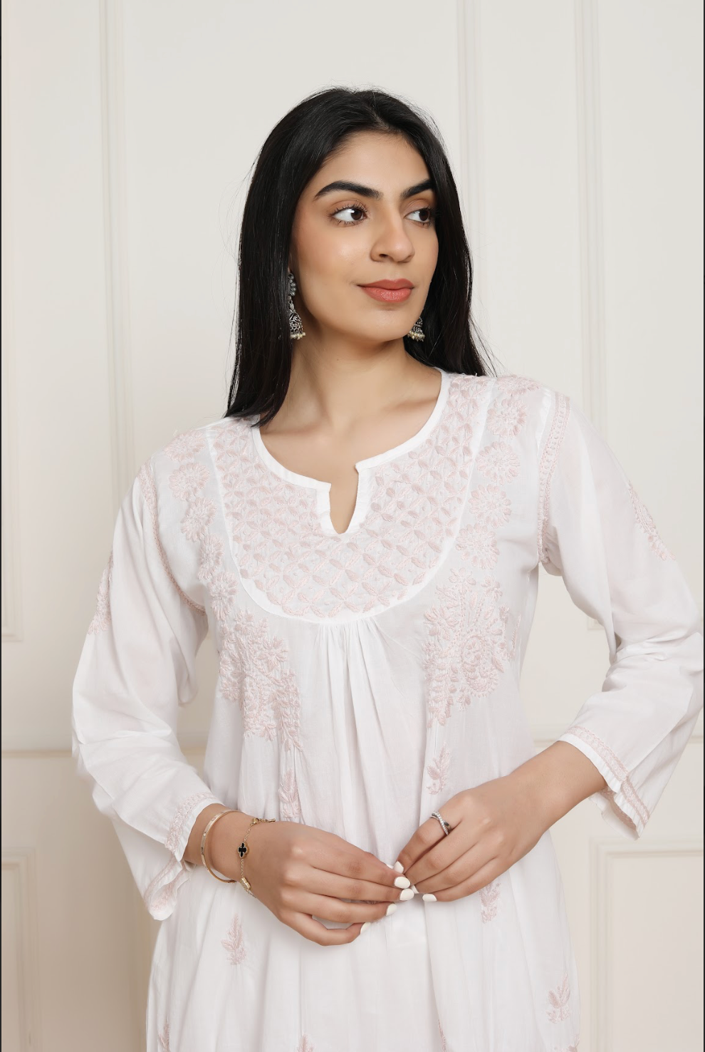 Elegant Saba Chikankari Cotton Shirt Kurta for Women - White & Peach Ethnic Embroidered Tunic - Perfect for Festivals, Weddings & Casual Wear