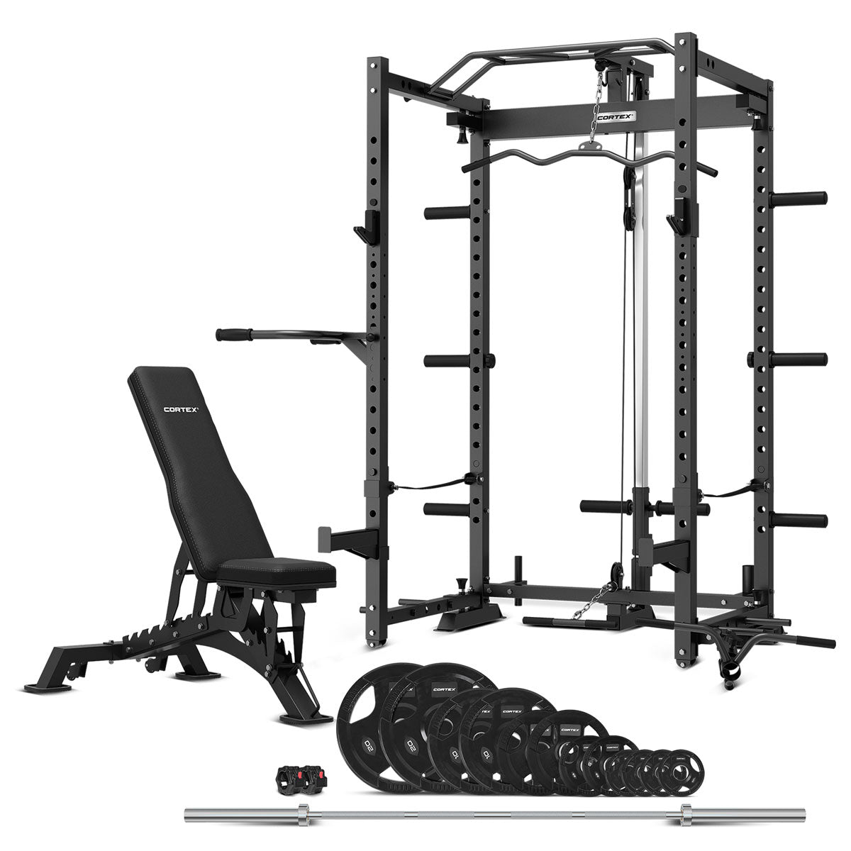 CORTEX PR 4 Foldable Squat & Power Rack with BN 9 Weight Bench & 100kg Olympic Tri-Grip Barbell Set - Home Gym Equipment for Strength Training & Powerlifting Workouts