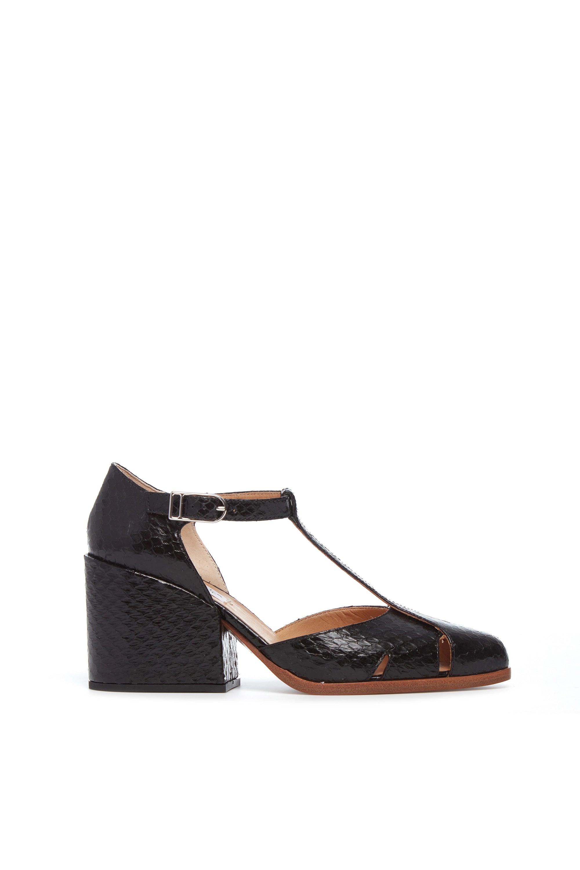 Hawes Black Snakeskin T-Strap Heels - Women's Vintage Style High Heels for Parties, Weddings & Evening Events