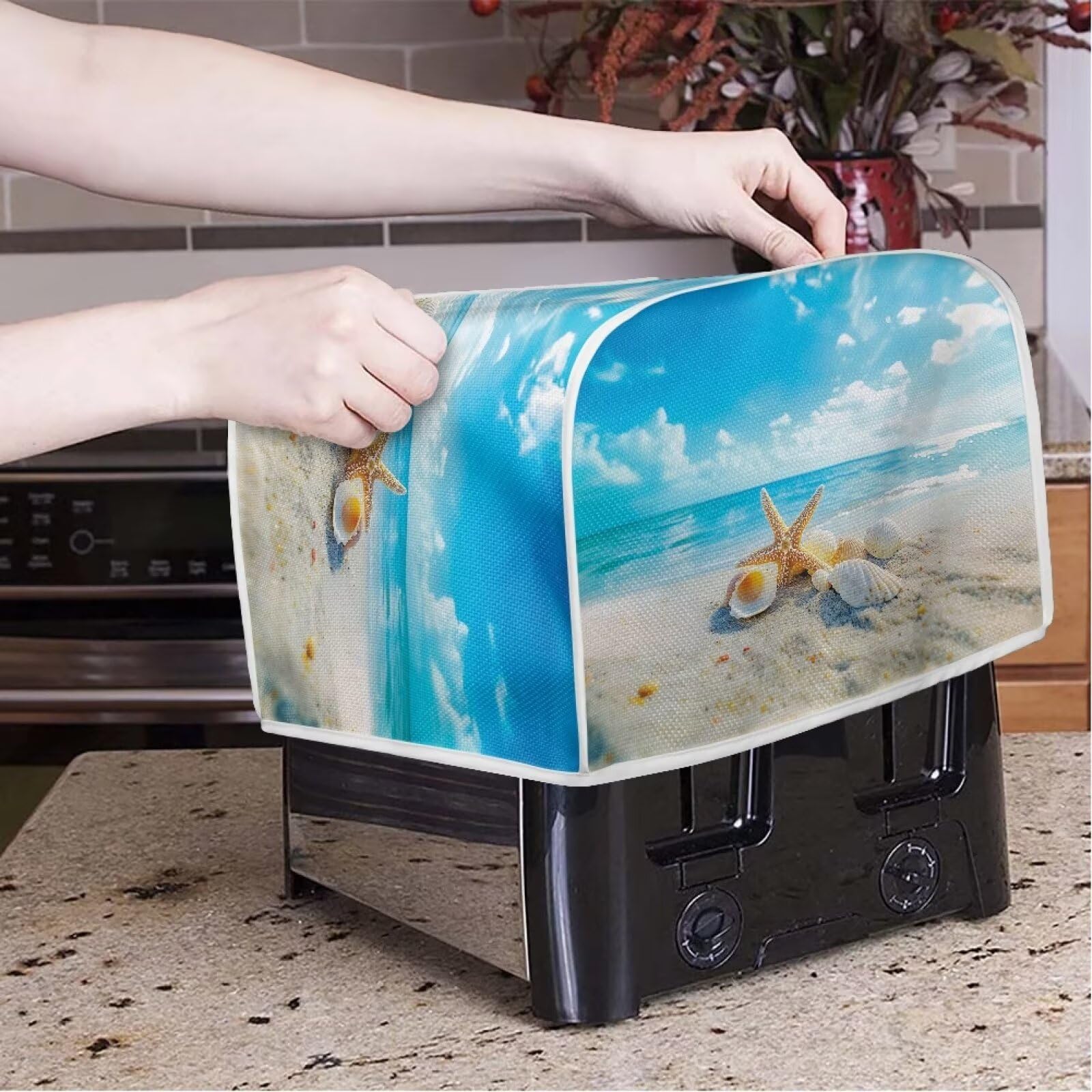 Beach Shell Print 2 Slice Toaster Cover - Washable Small Appliance Organizer for Toaster Oven & Bread Maker | Blue Kitchen Decor for Coastal & Beach House Style