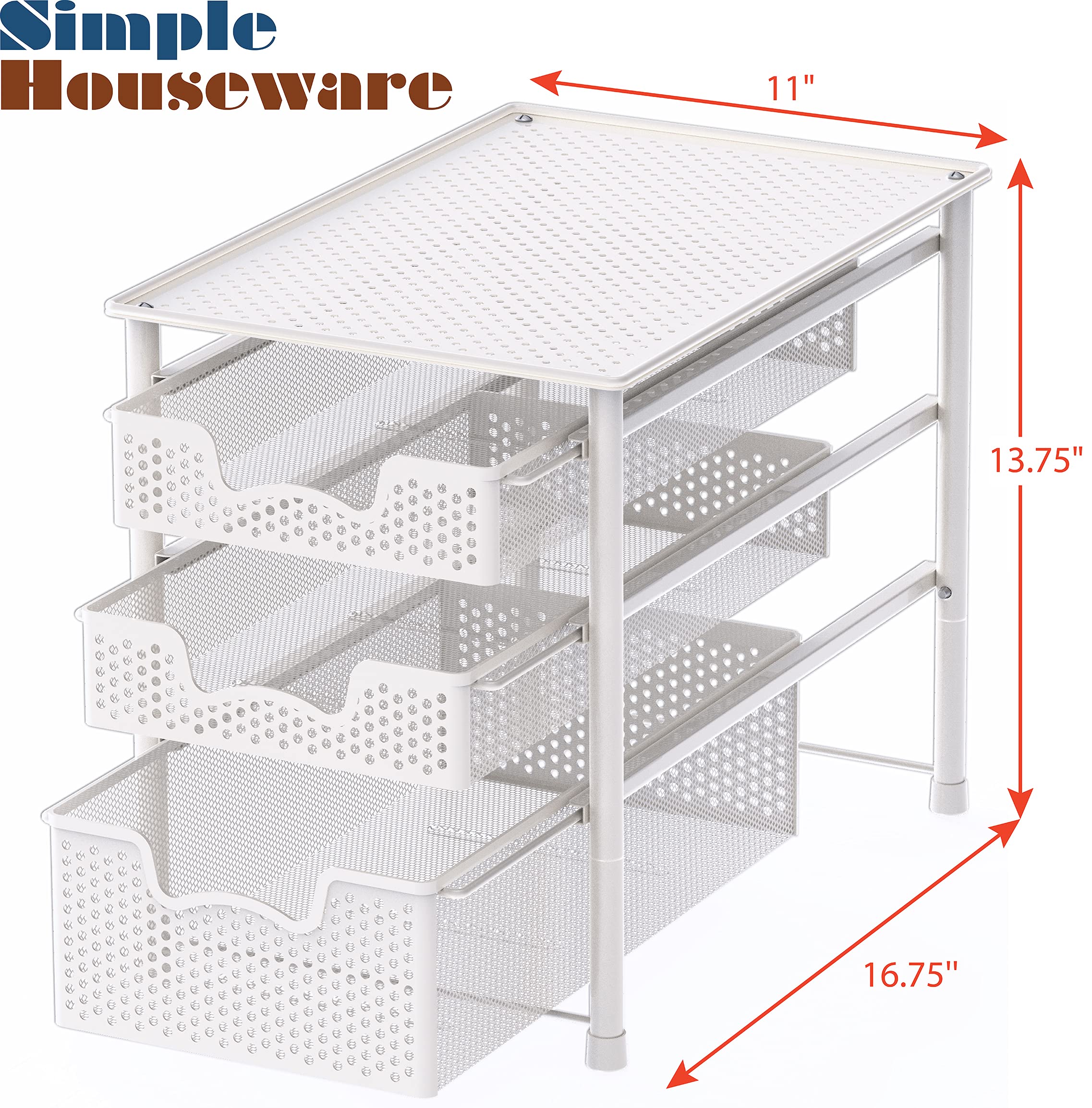 3-Tier Sliding Basket Organizer - White Alloy Steel Cabinet Drawer for Kitchen, Bathroom & Pantry Storage | Space-Saving Home Organization Solution