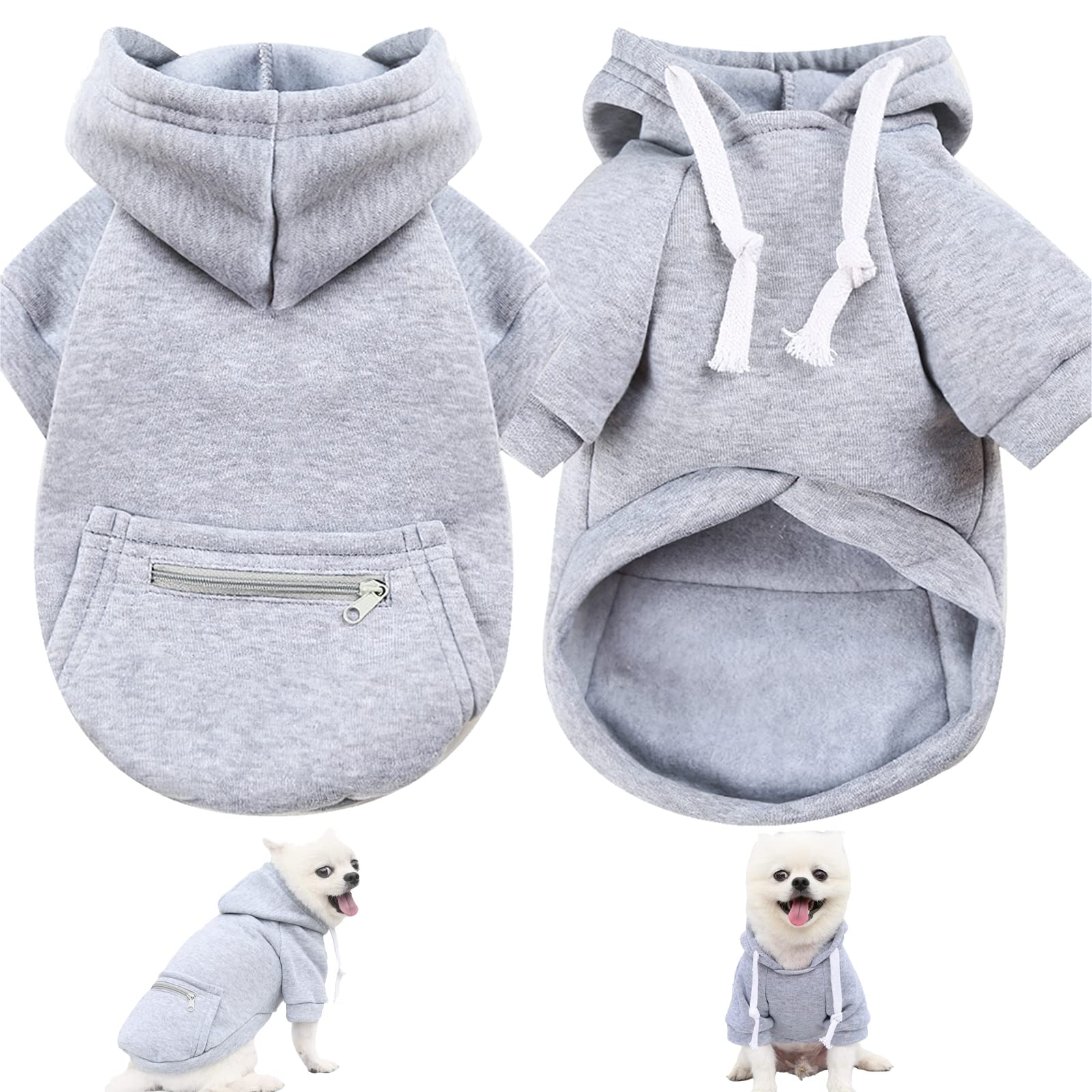 Dog Hoodie with Zipper Pocket & Drawstring - Fashionable Pet Sweater for Small Breed Dogs & Cats - Soft & Comfortable Puppy Clothes (Grey, Small) - Perfect for Outdoor Walks, Winter Wear & Pet Fashion