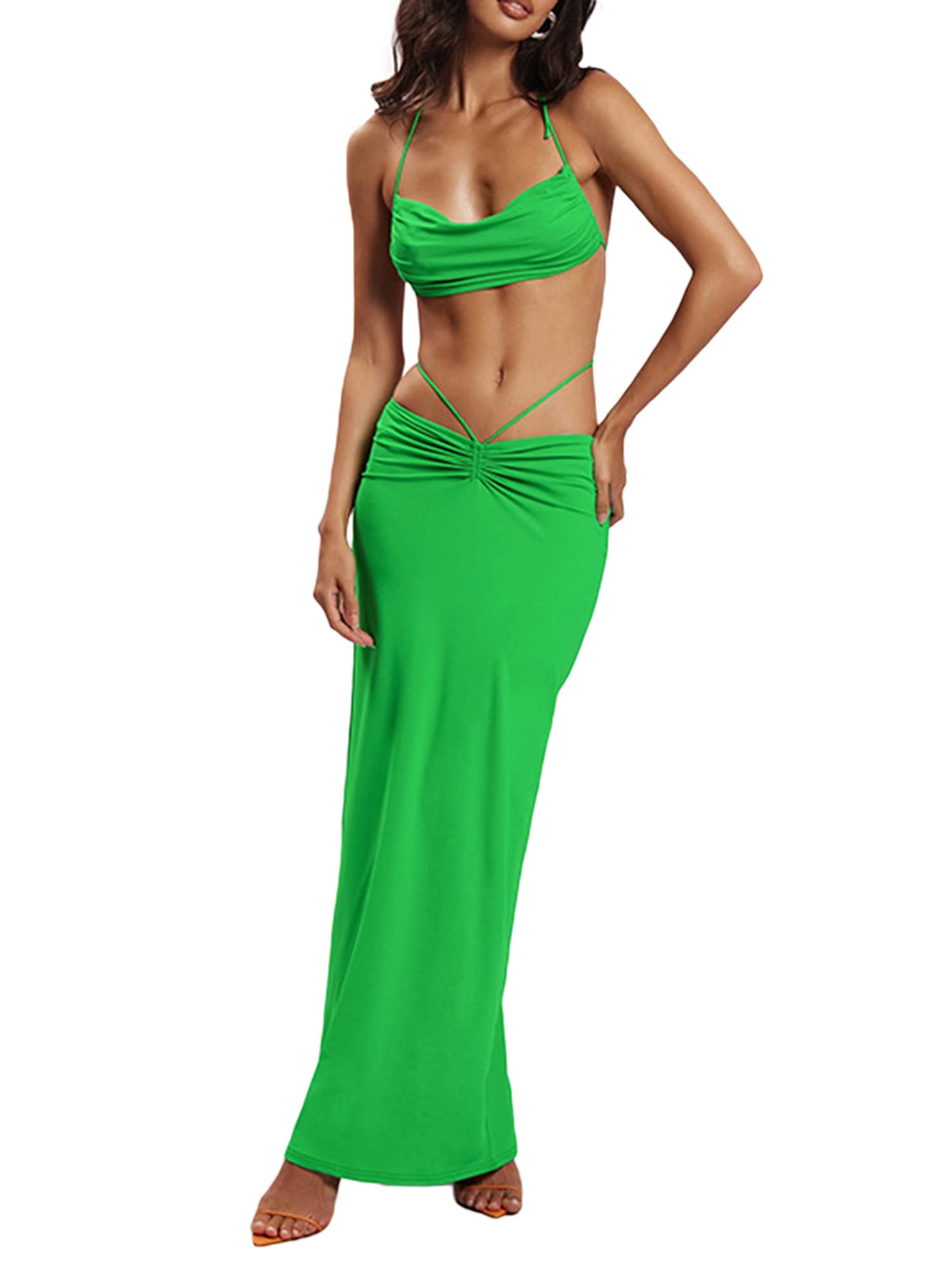 Stylish Women's Summer Outfits - Halterneck Sleeveless Backless Tops with Casual Bandage Long Skirt Set | Perfect for Beach Vacation, Date Night & Summer Parties