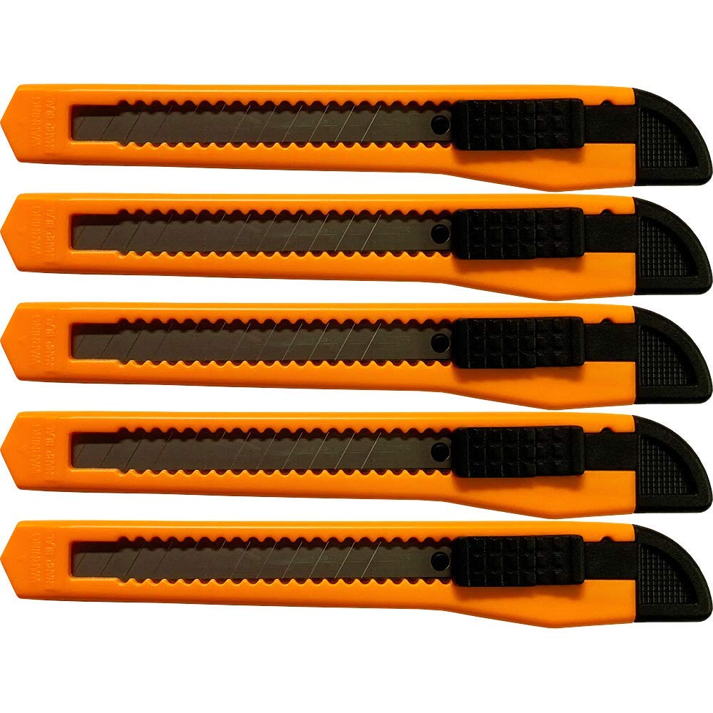 5-Pack Small Neon Orange Utility Knives with Snap-Off 9MM Blades - Heavy Duty Box Cutters for Warehouse, Office & DIY Projects