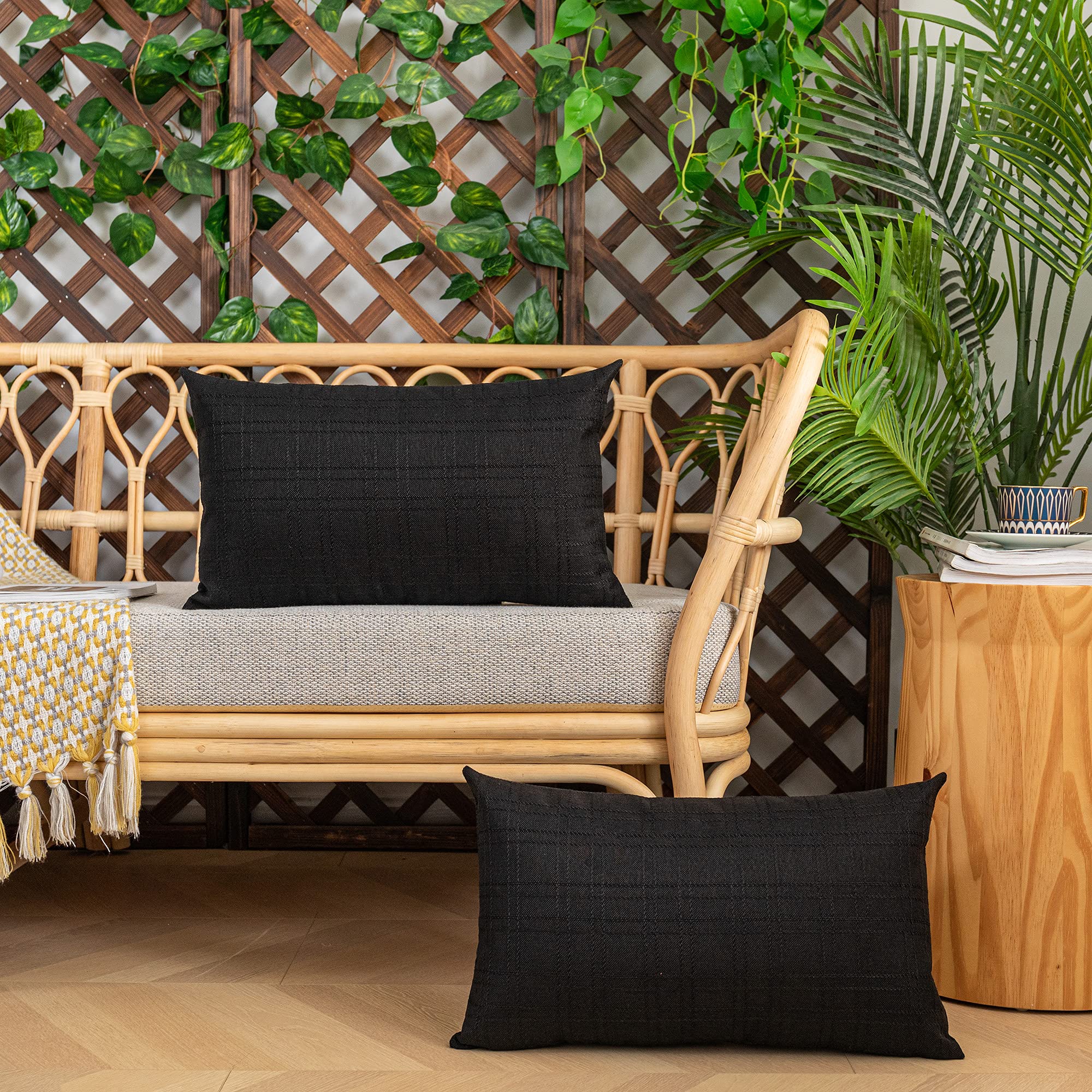Kevin Textile 2-Pack Waterproof Outdoor Throw Pillow Covers - 12x20 Inch Black Checkered Lumbar Cushion Cases for Patio, Garden, Couch & Bench - Weather Resistant Decorative Pillow Protectors for All Seasons