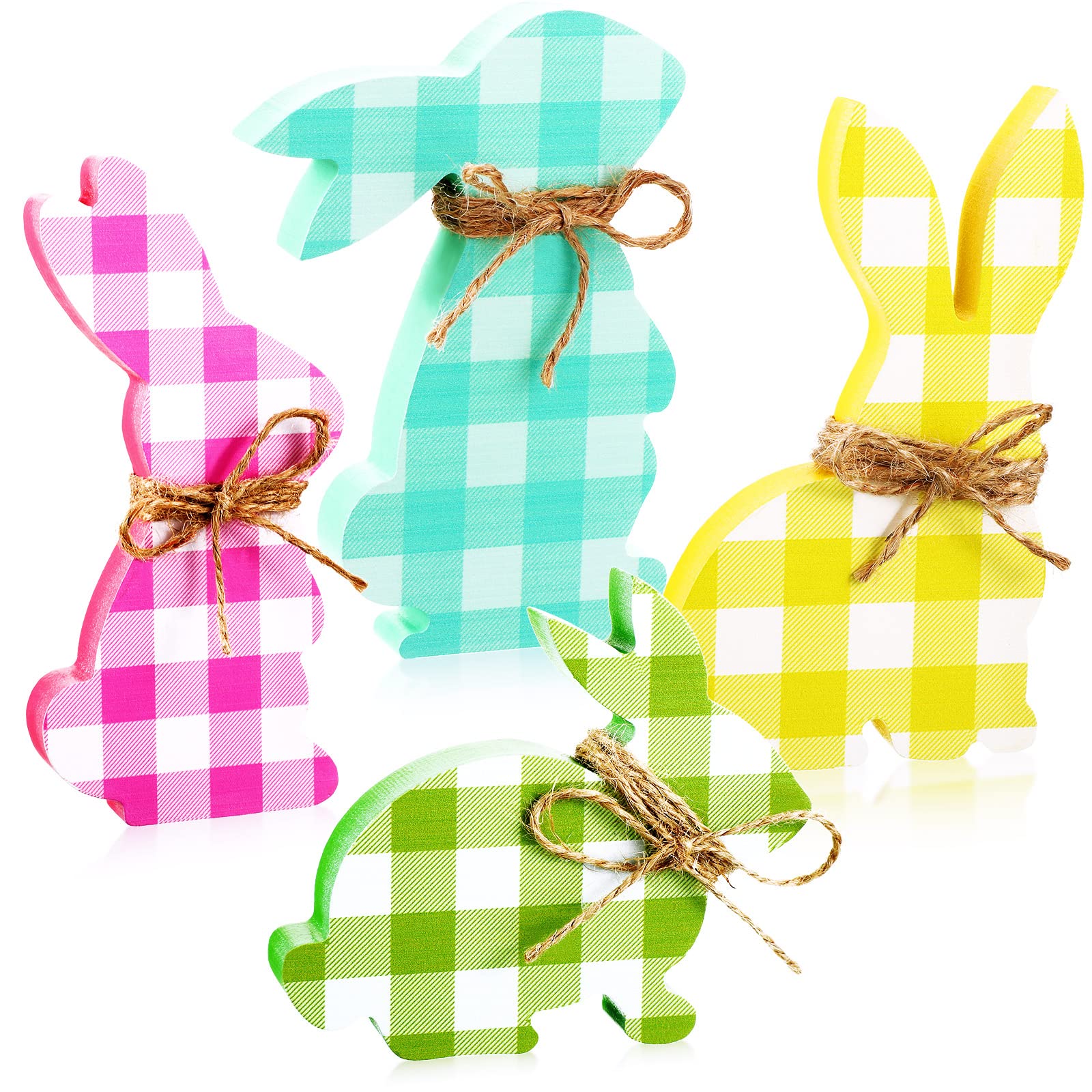4 Pieces Easter Bunny Wooden Table Signs - Bunny Shaped Farmhouse Spring Decorations for Dining Room, Kitchen & Coffee Table - Cute Wooden Bunny Decor with Rope for Easter, Home & Party Decor