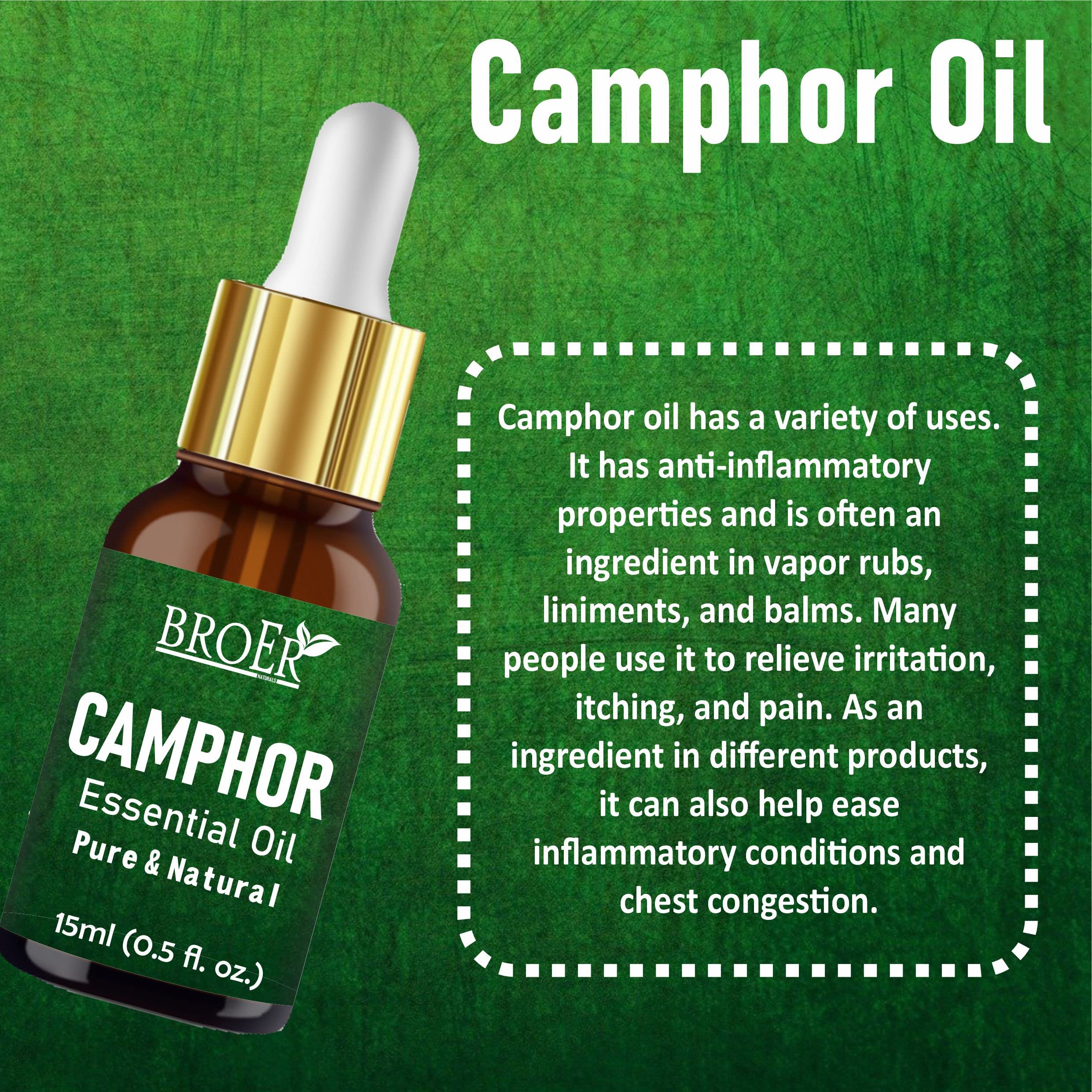 BROER Naturals 100% Pure Camphor Essential Oil - Undiluted Therapeutic Grade for Skin Care, Hair Growth & Aromatherapy | Vegan, Cruelty-Free | 15ml | Perfect for Massage, Diffuser & DIY Beauty Products