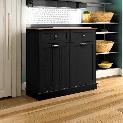 Gitua Freestanding Trash Cabinet with Tilt-Out Drawer - Pet Proof Kitchen Waste Bin & Laundry Hamper with Built-in Cutting Board - Wooden Recycling Station & Hideaway Trash Holder (2 Drawers, Black) - Perfect for Kitchens, Laundry Rooms & Small Spaces