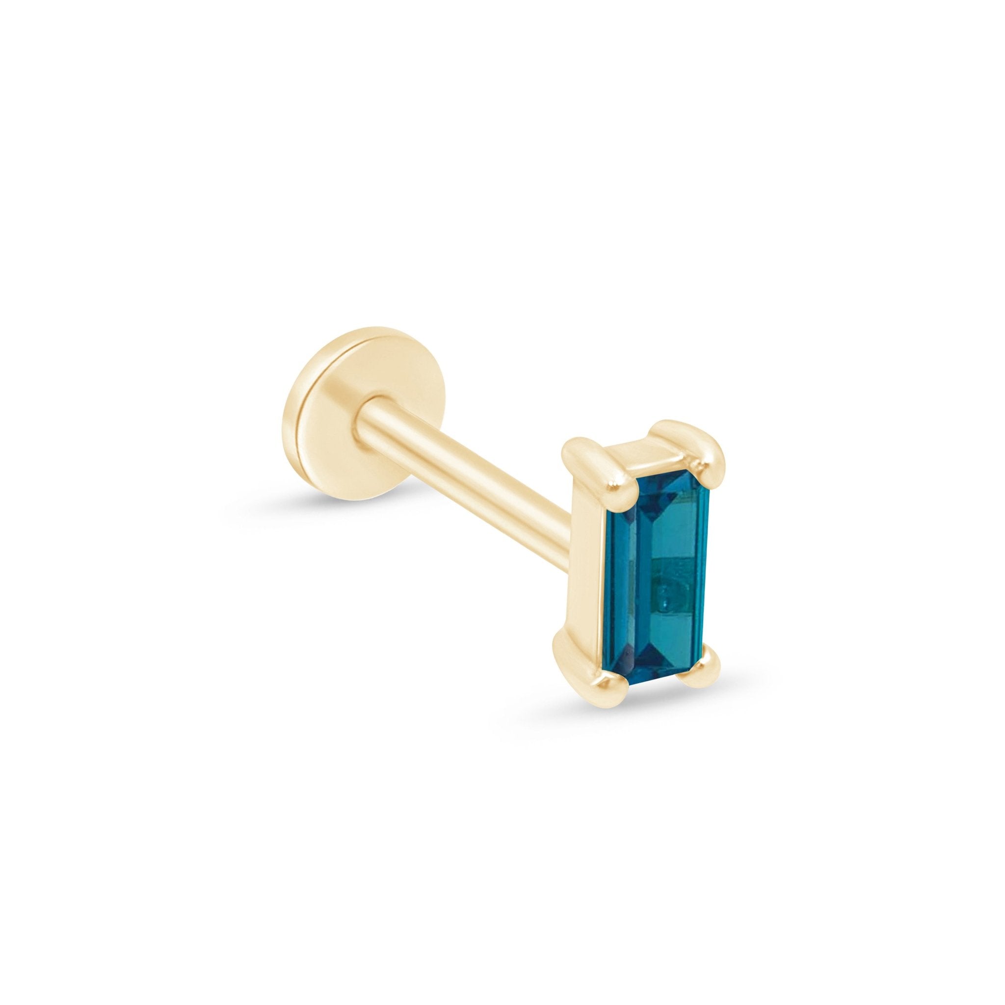14k Yellow Gold Blue Topaz Baguette Stud Earrings - Flat Back Design for Sensitive Ears | Perfect for Daily Wear, Special Occasions & Gift Giving