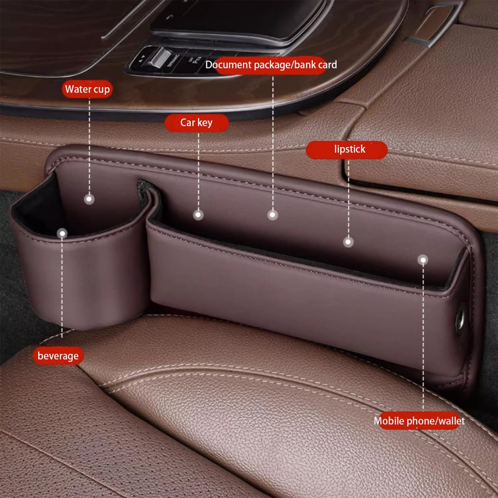 Premium Leather Car Seat Gap Organizer - Universal Cup Holder Storage Bag with Water Bottle Holder, No Logo Design for Cars, SUVs & Trucks | Perfect for Road Trips, Commuting & Daily Driving Accessories