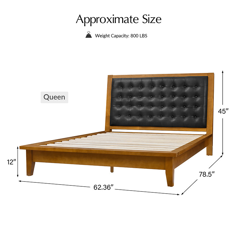 Genuine Leather & Solid Wood Platform Bed with USB Charging Ports - Modern King/Queen Size Bed Frame for Bedroom, Guest Room, or Dorm