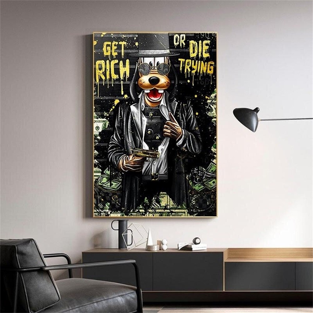 Disney Get Rich Or Die Trying Canvas Wall Art - Premium Home Decor for Living Room, Bedroom & Office - Inspirational Wall Painting for Disney Fans & Hip Hop Lovers
