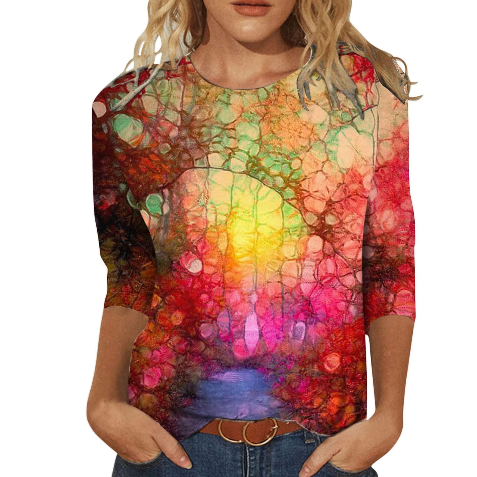 Women's Summer 3/4 Sleeve Butterfly Print T-Shirts - Casual Loose Lightweight Blouses for Everyday Wear, Beach Outings & Vacation Outfits