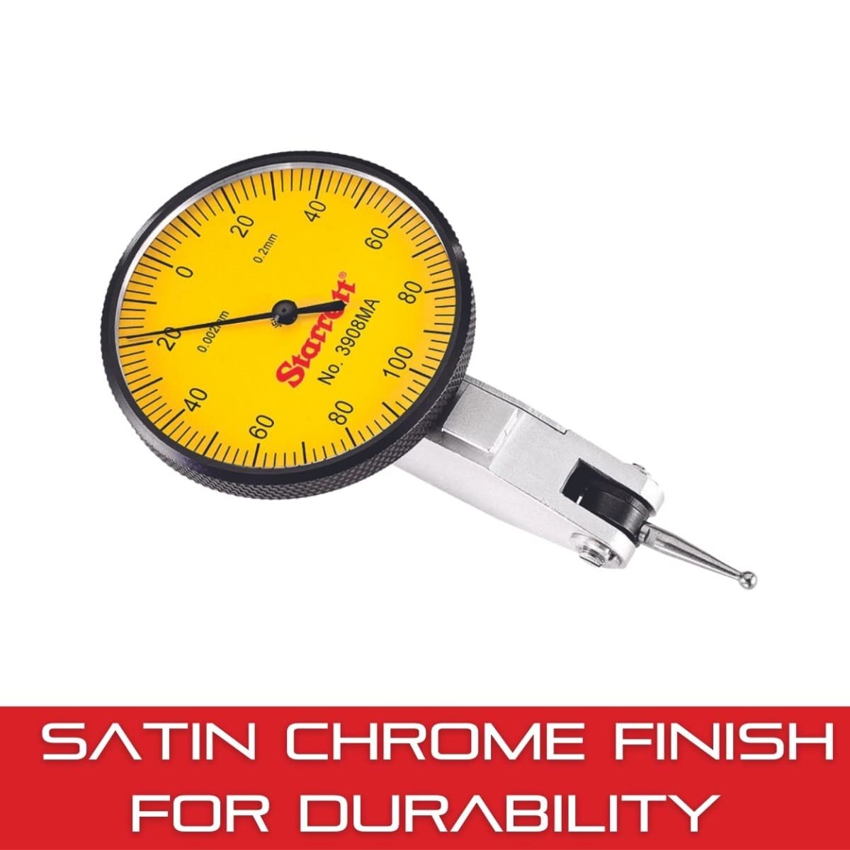 Starrett 3908MA Dial Test Indicator with Dovetail Mount - 40mm Yellow Dial, 0.2mm Range, 0-100-0 Reading, 0.002mm Graduations - Includes Two Dovetail Clamps & Case - Perfect for Precision Machining, Metalworking, and Quality Control Measurements