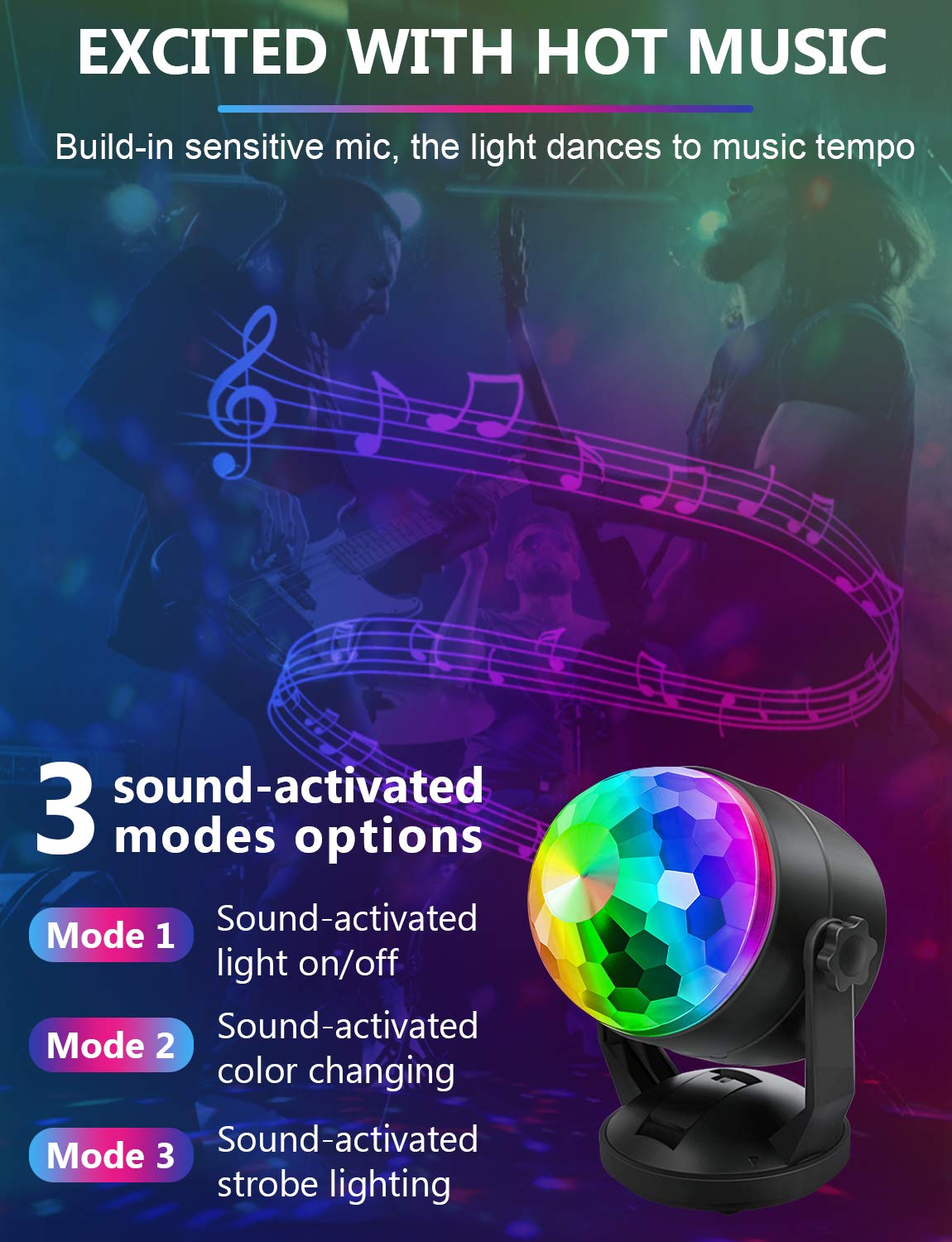Luditek 2-Pack Portable Sound Activated Party Lights - USB/Battery Powered DJ Disco Ball Strobe Lights for Home, Car & Room - Perfect for New Year's Eve, Christmas Decorations & Adult Gifts - Create Amazing Party Atmosphere for Birthdays, Weddings & Club Events