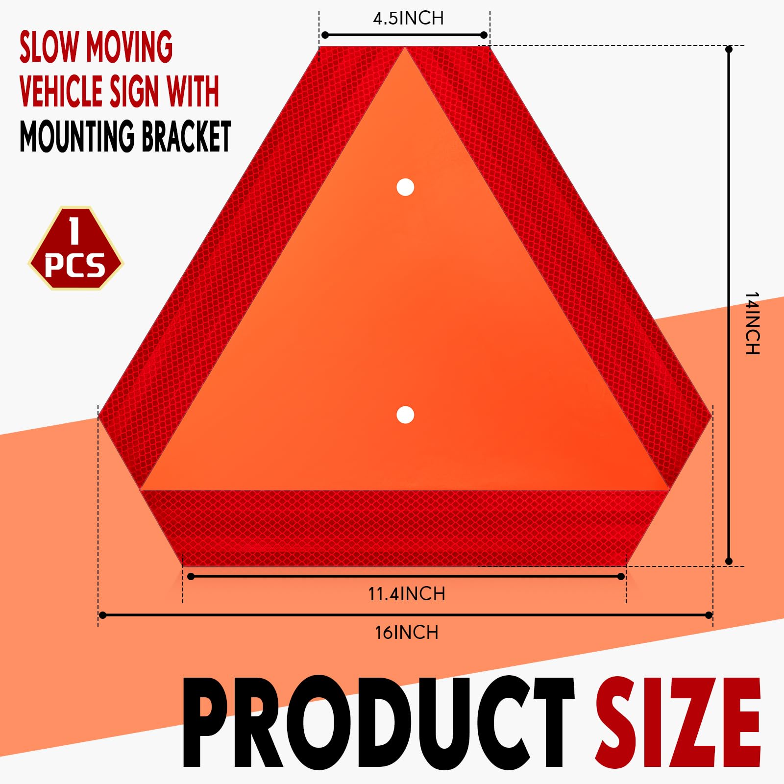 14 x 16 Inch Slow Moving Vehicle Triangle Sign - Aluminum Reflective Warning Triangle with Mounting Bracket for Golf Carts, Tractors & Vehicles - Durable Outdoor Safety Accessories for Roadside Emergencies & Farm Equipment