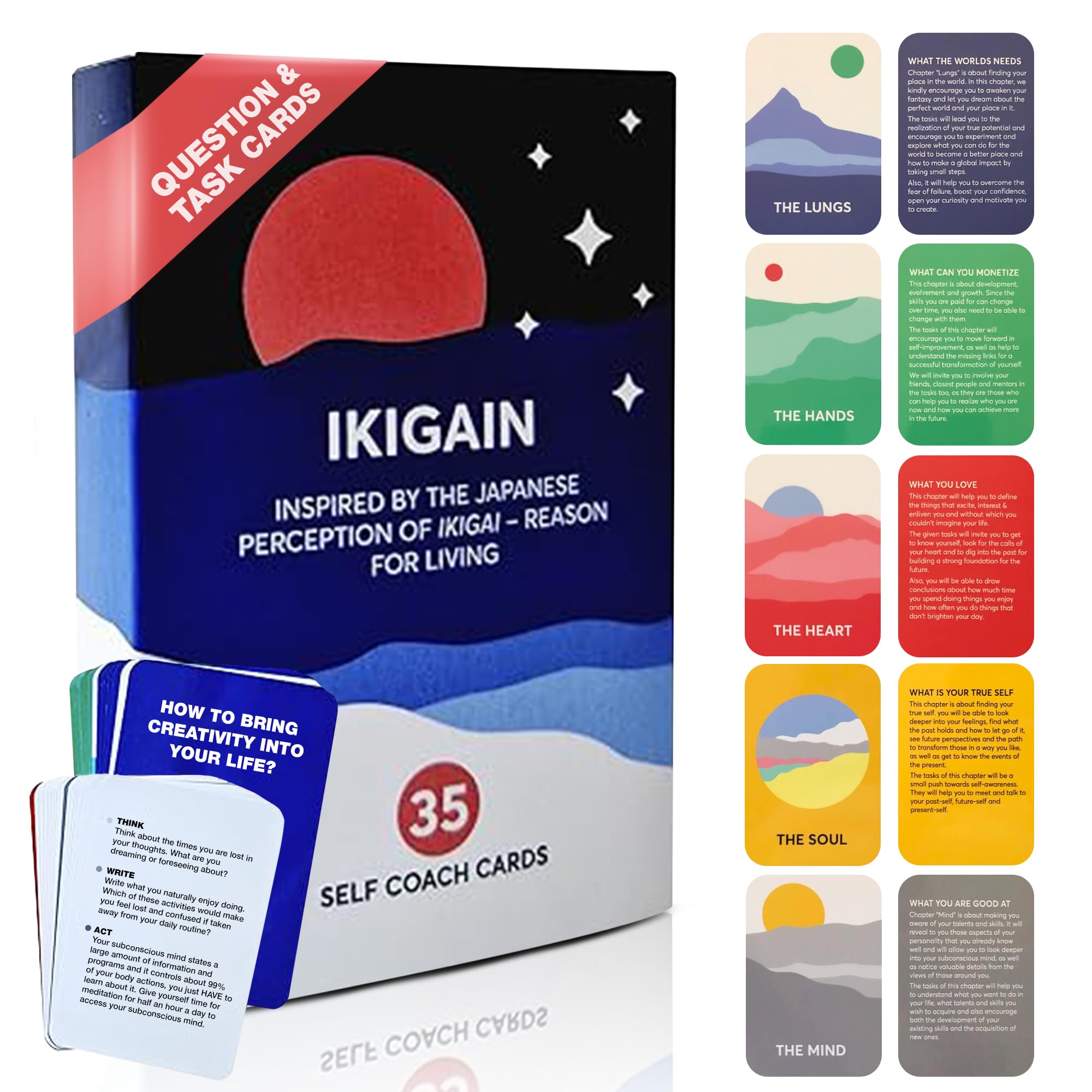 IKIGAI Self Discovery Cards - 35 Mindfulness Cards for Stress Relief, Personal Growth & Daily Inspiration - Japanese Culture Inspired Self Help Journal for Women and Men - Perfect for Meditation, Therapy & Gift Giving