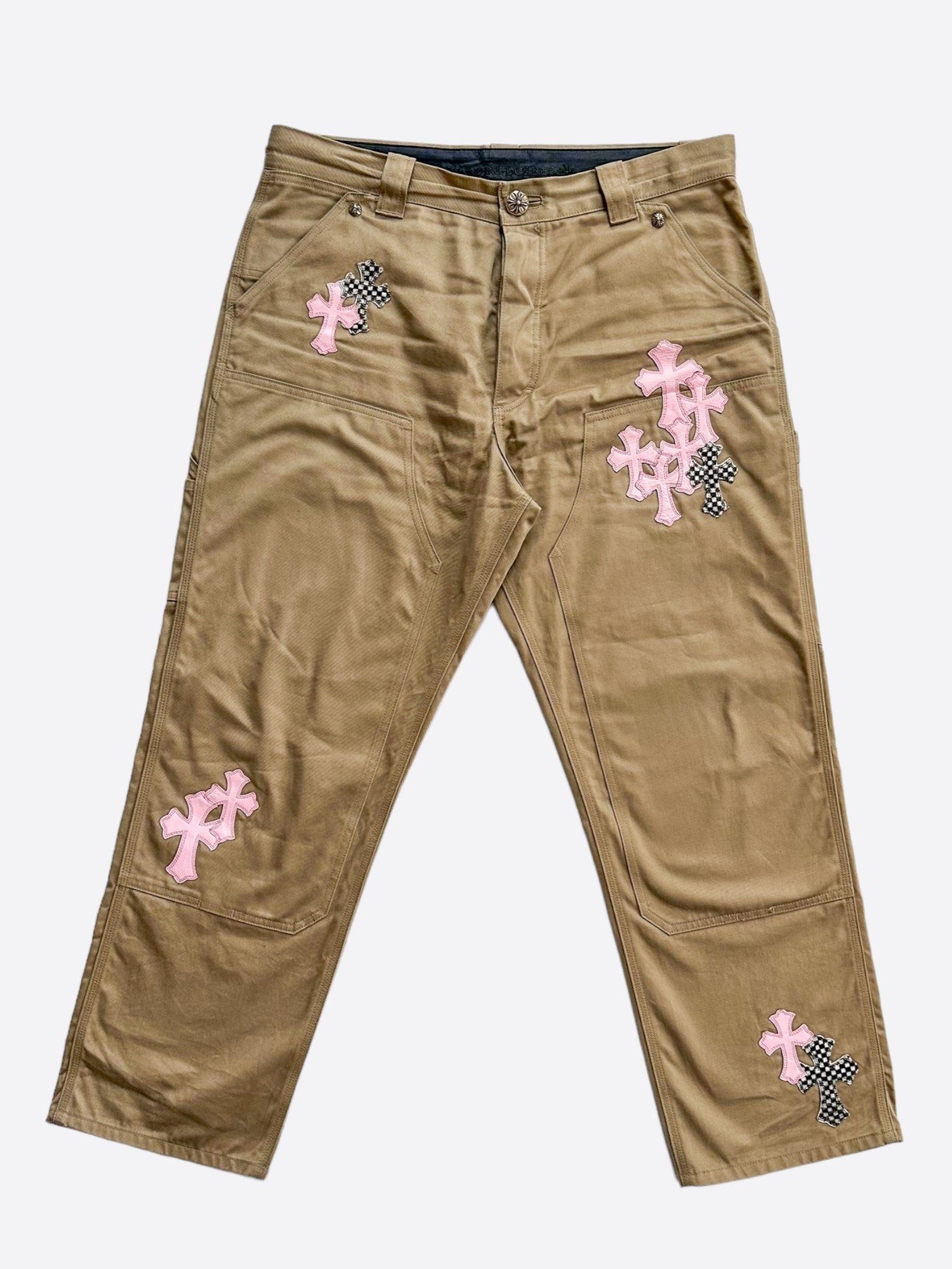 Chrome Hearts Tan Pink & Checkered Cross Patch Carpenter Pants - Stylish Gothic Streetwear for Men & Women | Perfect for Concerts, Parties & Alternative Fashion