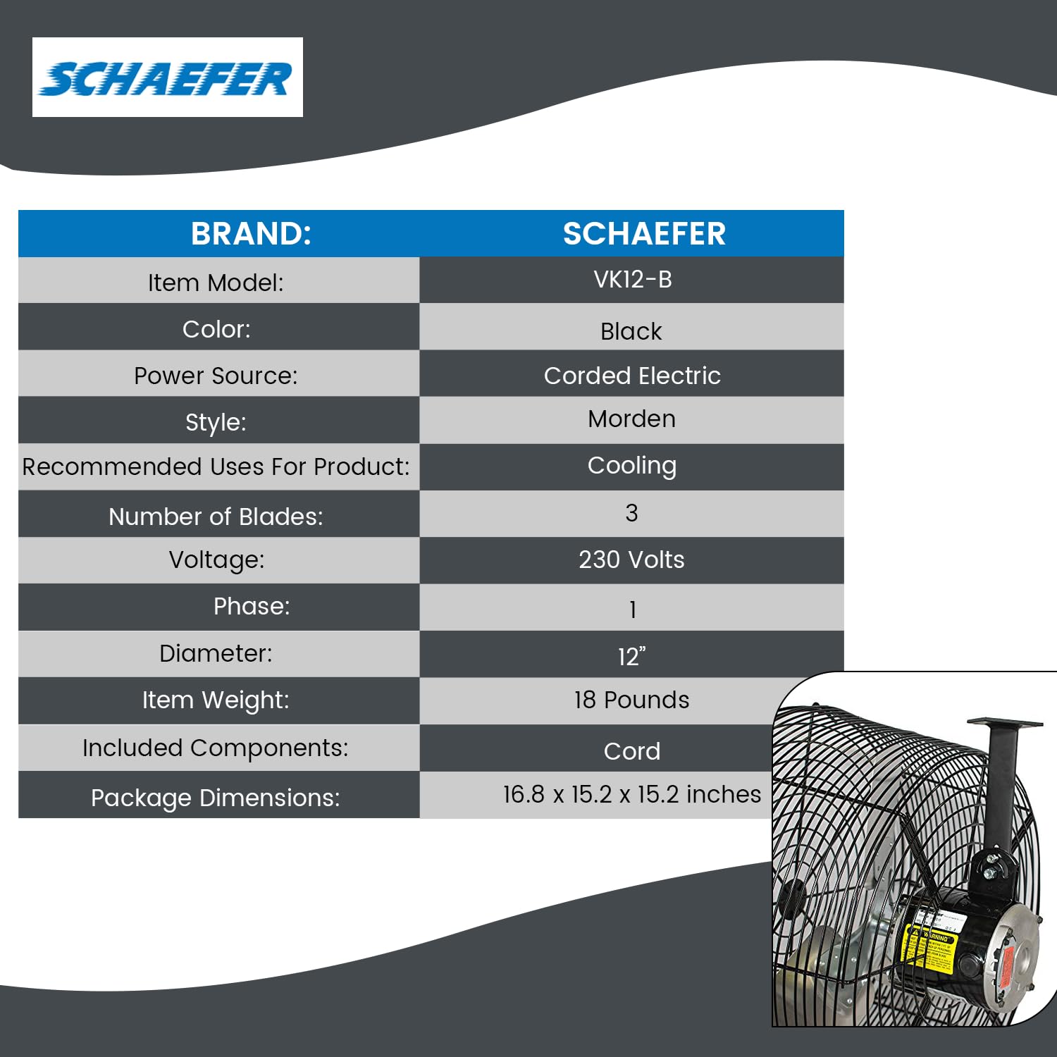 Schaefer VK12-B VersaKool High Power Air Circulator Fan - 1470 CFM Ceiling/Wall Mount Greenhouse Fan with Aluminum Blades, 1/10 HP Energy Efficient Commercial Fan for Patio, Garage, Workshop & Industrial Use - Perfect for Cooling, Ventilation and Air Circulation in Large Spaces (Black)