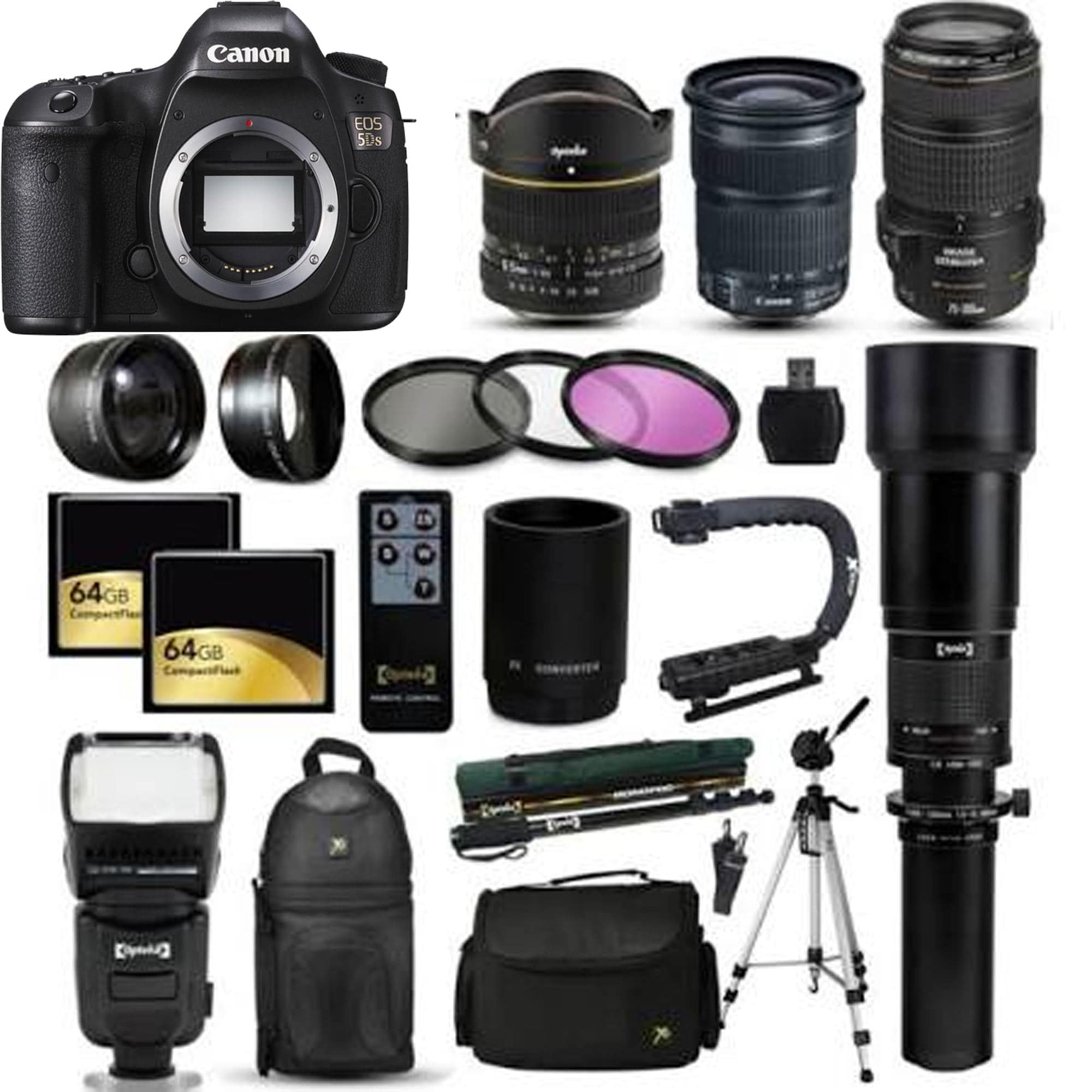 Canon EOS 5DS DSLR Camera Bundle with 70-300mm Lens, 6.5mm Fisheye Lens, 24-105mm STM Lens, 650-2600mm Lens, Case & 128GB SD Card - Perfect for Professional Photography, Wildlife Shooting, Travel & Sports Events