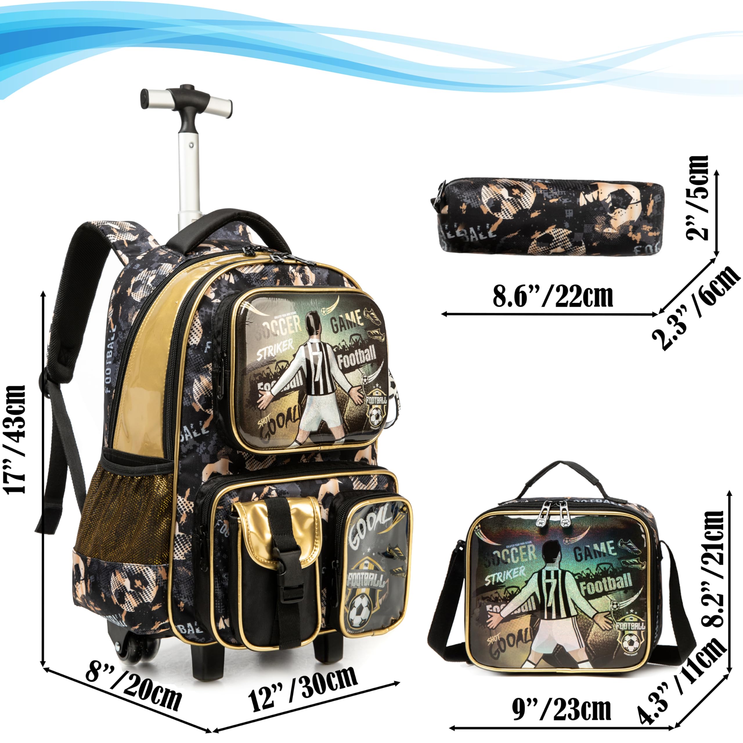 Egchescebo Kids Rolling Backpack for Boys - Soccer Themed Wheeled Luggage with Lunch Box & Pencil Case, Multiple Functional Pockets for School & Travel - Navy Blue | Perfect for Elementary Students, Daily Commute & Family Trips