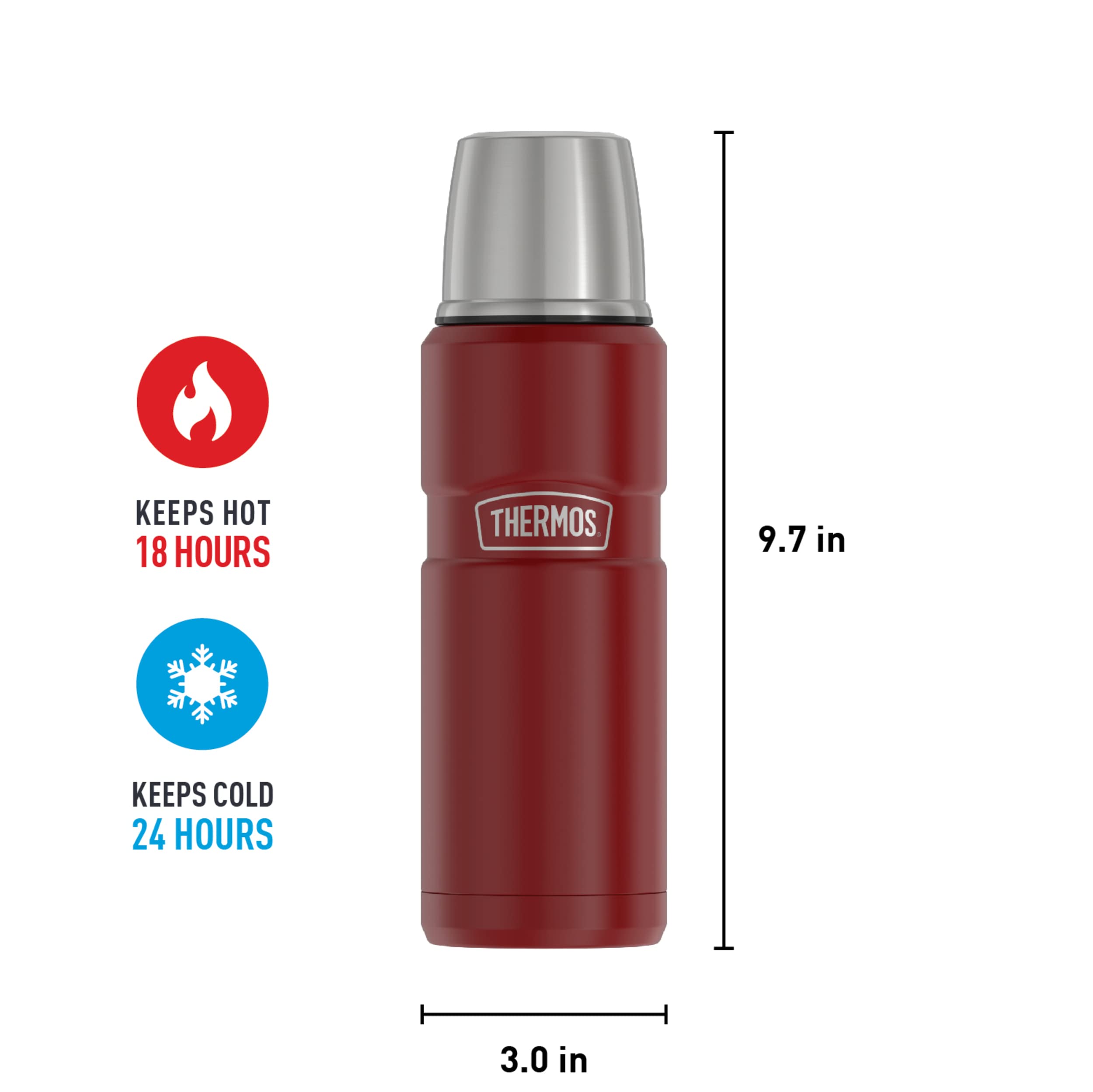 THERMOS Stainless King Vacuum-Insulated Compact Water Bottle - 16oz, Rustic Red - Keeps Drinks Hot/Cold for Hours - Perfect for Hiking, Camping & Office Use