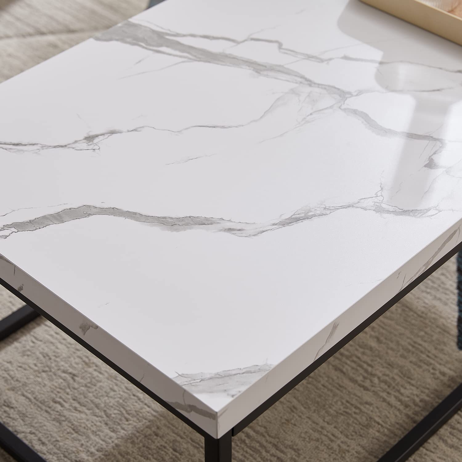 Modern Industrial CENSI 47-Inch Rectangle Marble Coffee Table Ottoman with Wood & Metal Base - White Marble Top for Living Room, Lounge & Office Decor