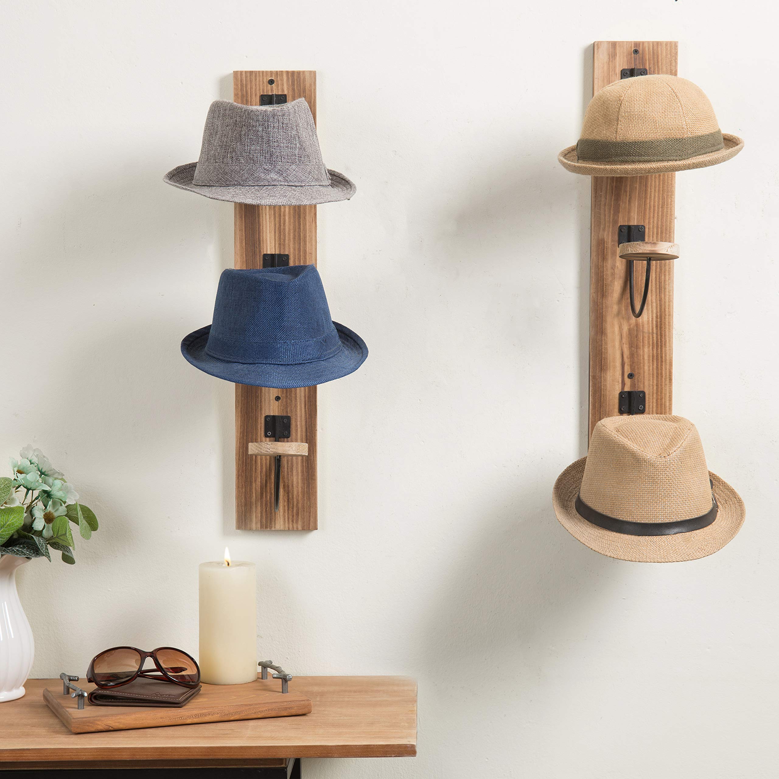 MyGift Rustic Light Burnt Wood Wall Hat Rack with Metal Wire & Wood Hooks - Vertical Mount Coat, Hat & Clothing Organizer (Set of 2) - Perfect for Entryway, Mudroom, Bedroom & Closet Organization