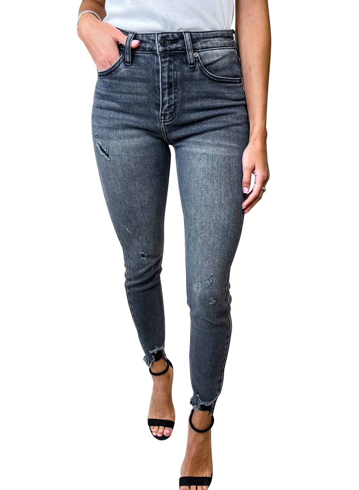 EVALESS Women's High Rise Ripped Skinny Jeans - Slim Fit Boyfriend Jeans with Raw Hem & Stretch Denim | Casual Wear, Street Style, Everyday Outfits