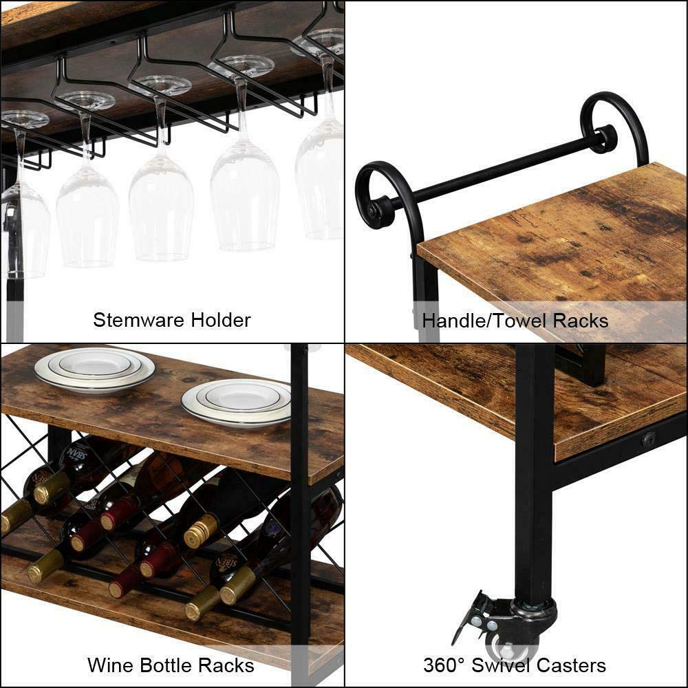 Premium 3-Tier Rolling Kitchen Cart with Wine Storage Rack - Sturdy Wood & Iron Construction, Easy Assembly - Perfect for Dining Room, Home Bar, Office & Industrial Spaces - Multi-Purpose Serving Trolley with Glass Holder & Smooth-Rolling Wheels