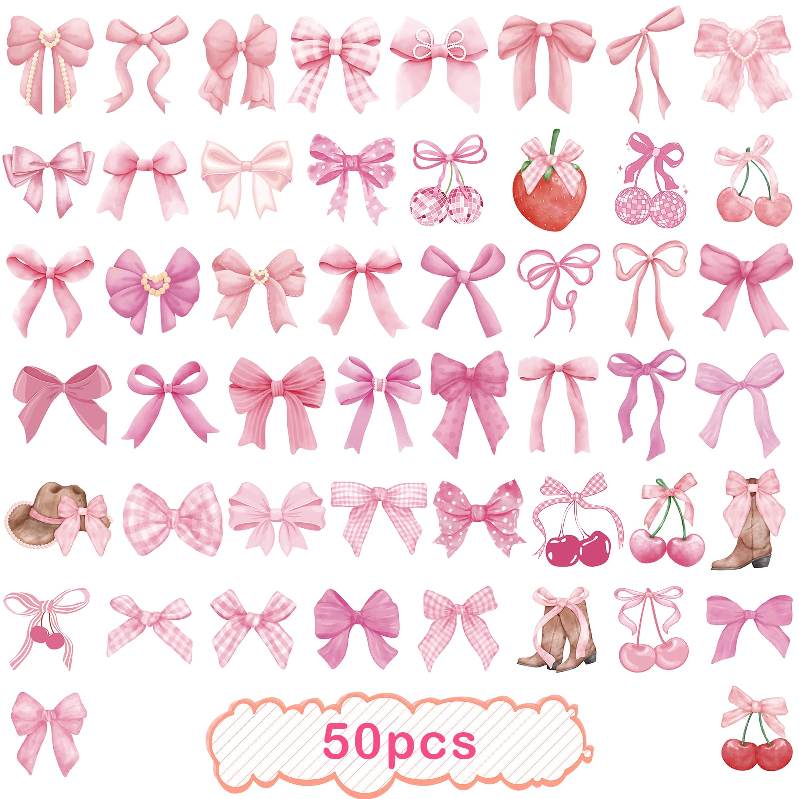 100 Pcs Pink Coquette Bow Stickers - Cute Aesthetic Y2K Cherry Cowgirl Boot Strawberry Waterproof Vinyl Decals for DIY Crafts, Water Bottles, Phone Cases & Journal Decor - Perfect for Teen Girls Room, School Supplies & Party Favors