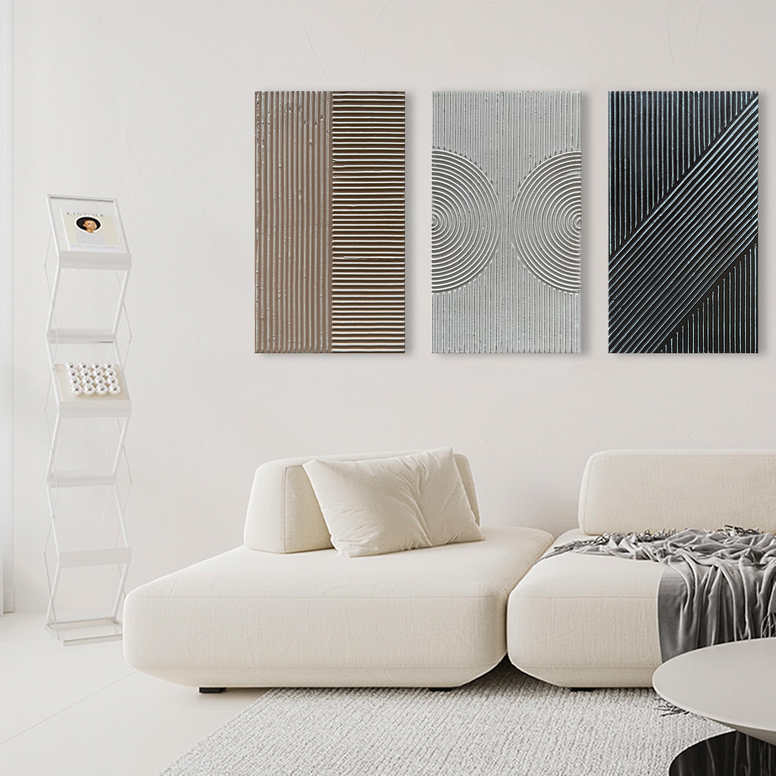 Hand-Painted Abstract Oil Painting - White, Black & Brown Texture - Contemporary Minimalist Wall Art - 28x16 Inch Set of 3 - Perfect for Living Room, Bedroom & Office Decor