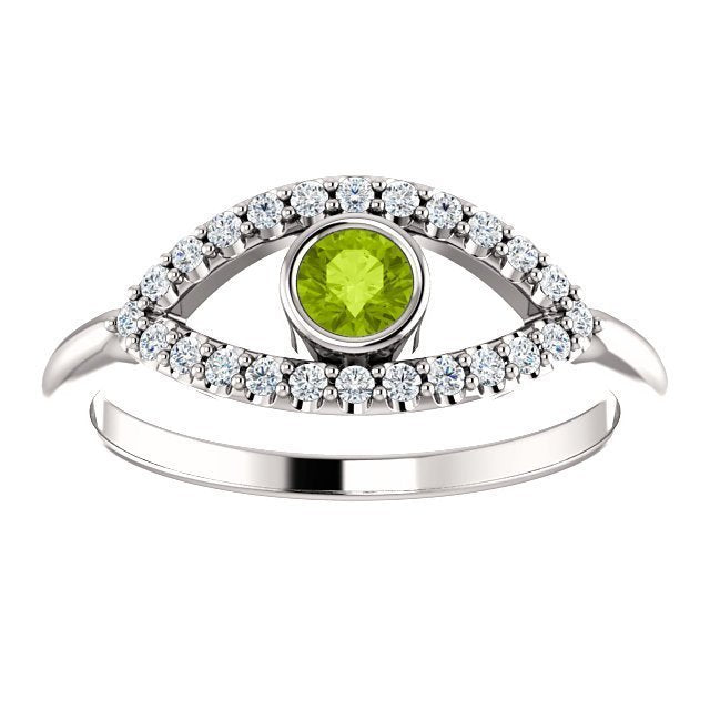 14K Gold 0.22ct Peridot & 0.48ctw White Sapphire Evil Eye Protection Ring for Women - Elegant Jewelry Gift for Birthday, Anniversary & Good Luck Charm