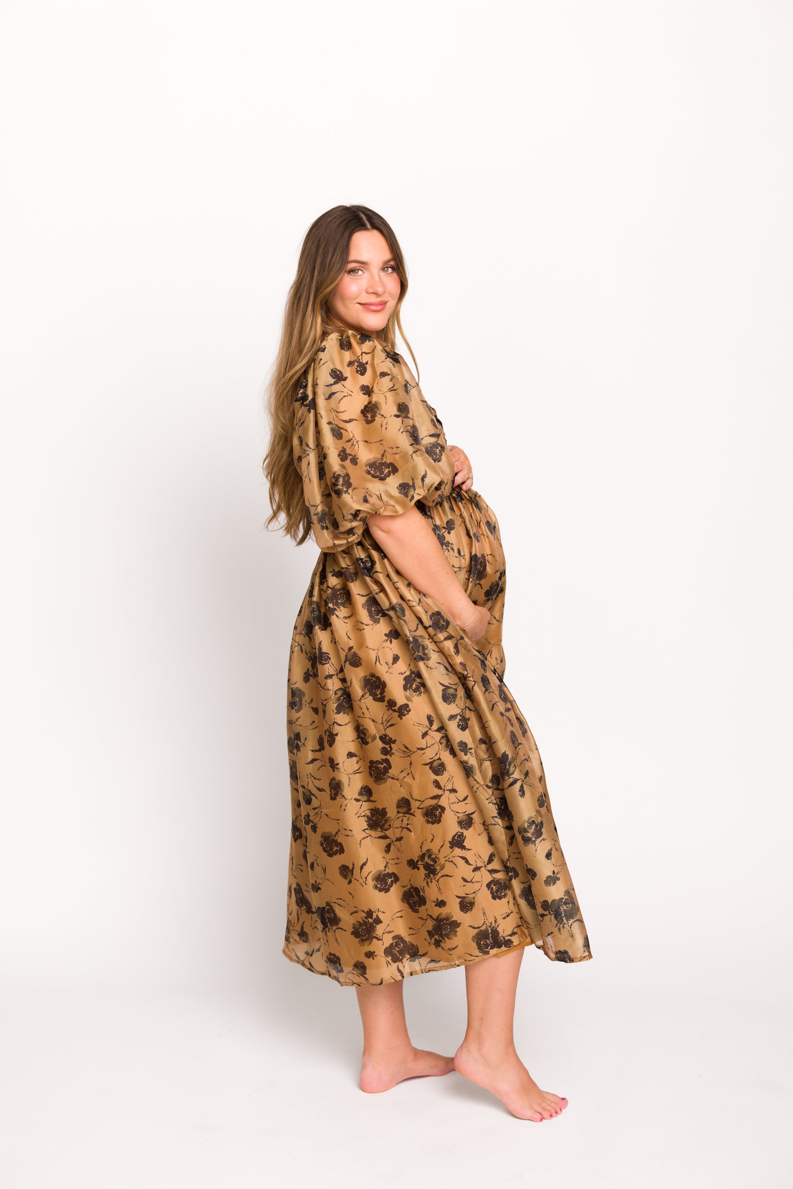 Harlow Camel & Black Floral Maxi Dress with Stretchy Neckline - Bump Friendly Maternity Dress for Women | Perfect for Pregnancy, Special Occasions & Everyday Wear (Restocking Early Fall)