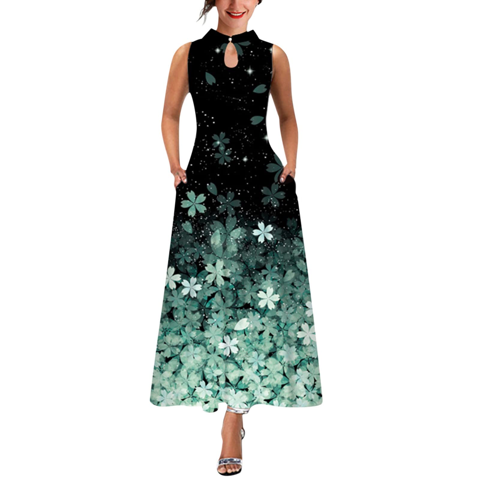 Women's Floral Print Sleeveless Maxi Dress - Boho Beach Wrap Dress with Stand Neck, Loose Fit in Pink | Perfect for Summer Vacations, Beach Parties & Casual Outings