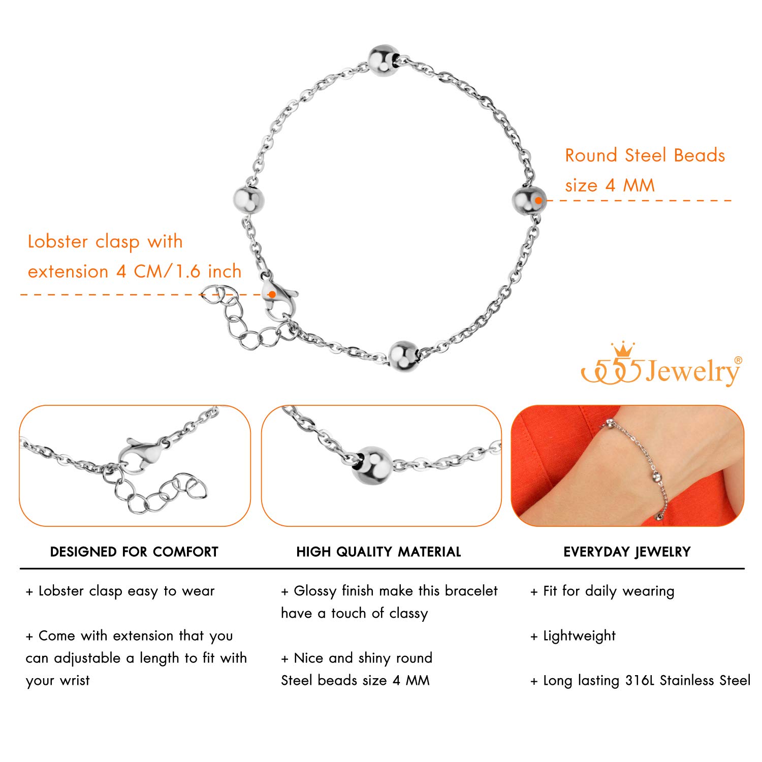 555Jewelry 2mm Stainless Steel Adjustable Beaded Cable Chain Bracelet for Women - Dainty Silver Beaded Bracelet for Ladies - 8 Inch Fashion Jewelry - Perfect for Everyday Wear, Office & Casual Outfits