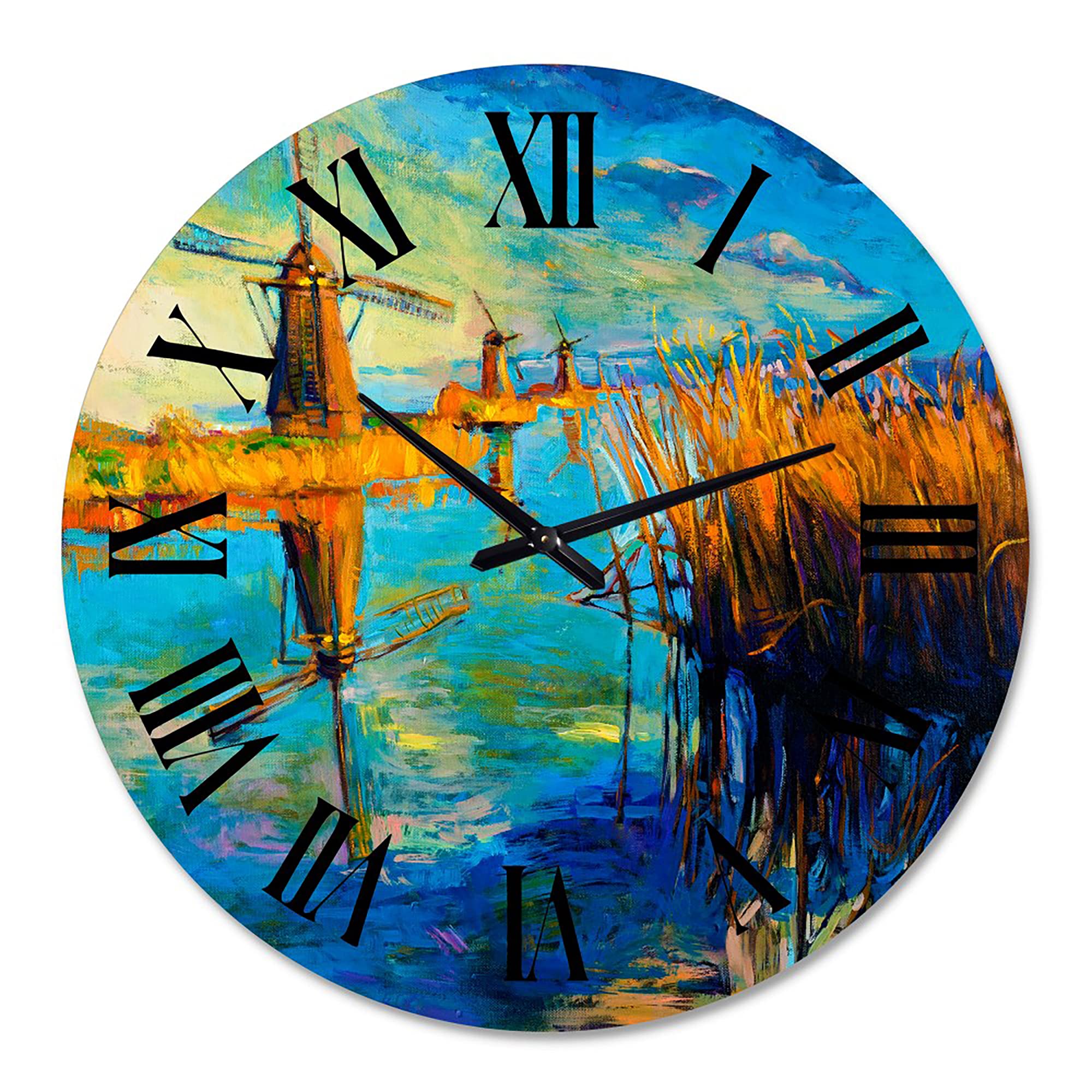 DesignQ Nautical & Coastal Wall Clock - 'Windmills by The Deep Blue Lake' - 12 Inch Round Blue Wall Clock for Home, Office & Beach House Decor - Perfect for Living Room, Bedroom & Coastal Themed Spaces