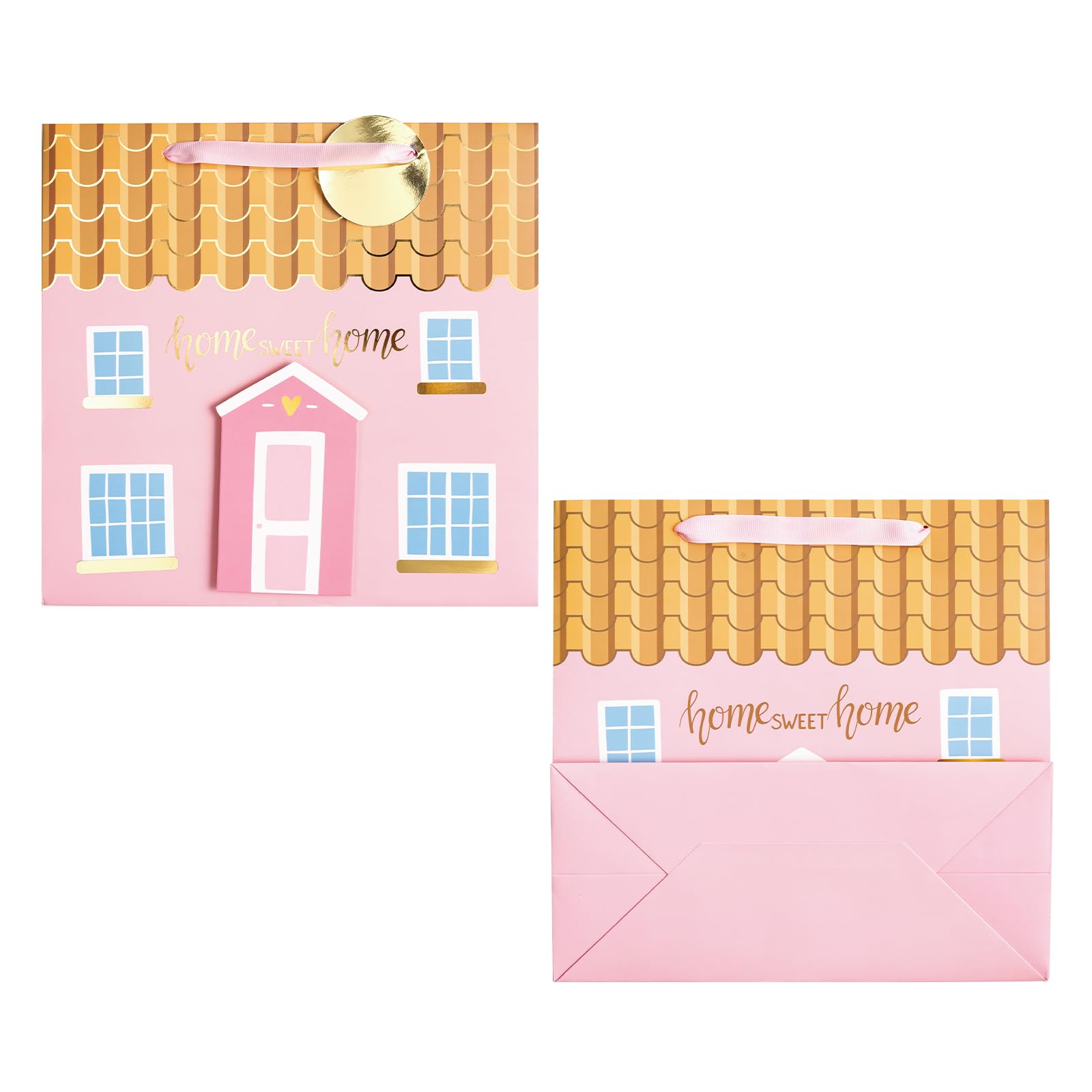LeZakaa 10.4 Inch Pink House-Shaped Gift Bag Set with Tissue Paper, Gift Tag & Card - 3D House Sticker for Housewarming, New Home Gifts | Perfect for Welcome Parties, Bridal Showers & Holiday Present Exchanges
