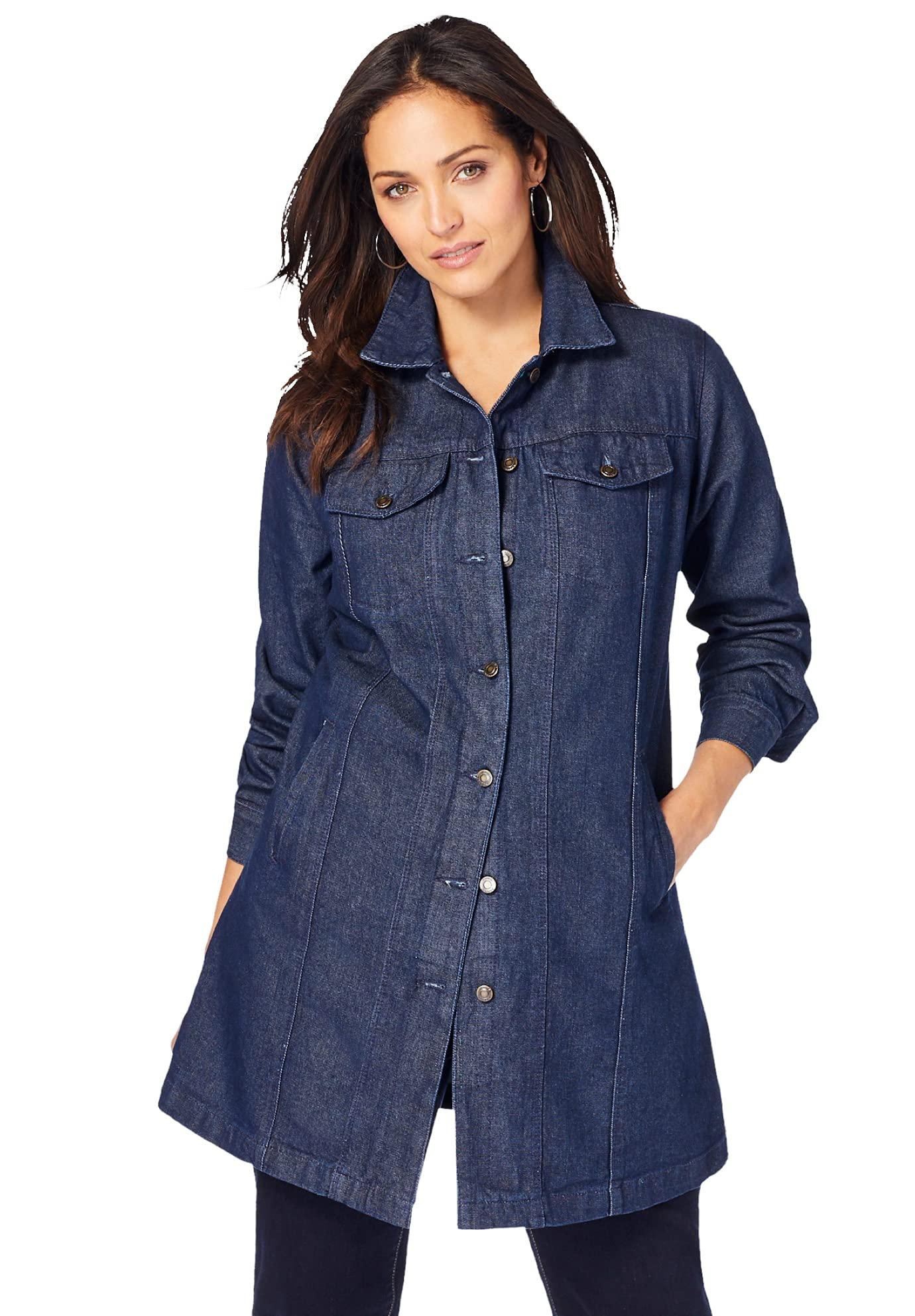 Jessica London Women's Plus Size Long Denim Jacket - Oversized Distressed Jean Coat for Casual Outfits & Layering in Fall/Winter