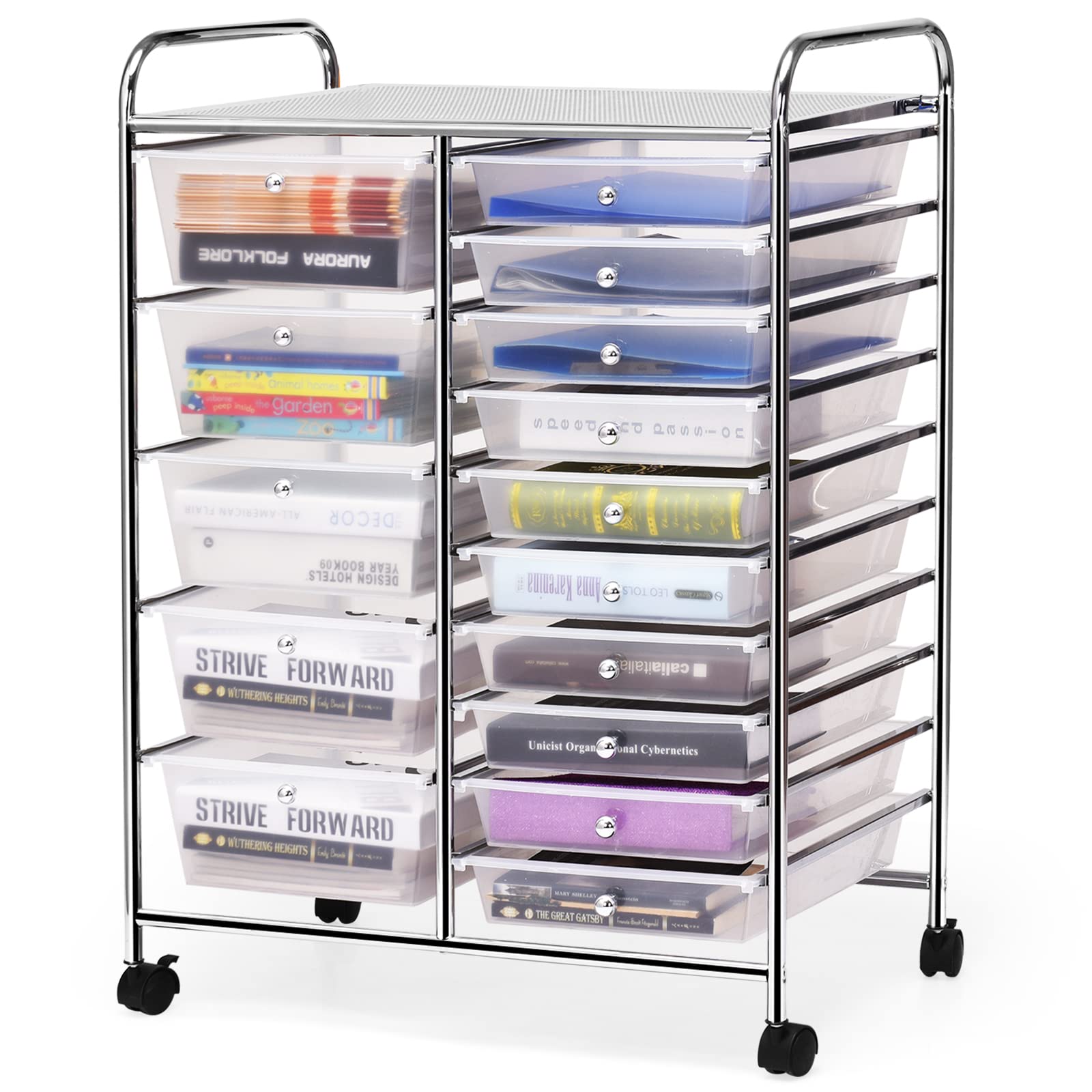 15-Drawer Storage Cart Organizer - Rolling Trolley for Office & School (Clear) - Perfect for Files & Supplies