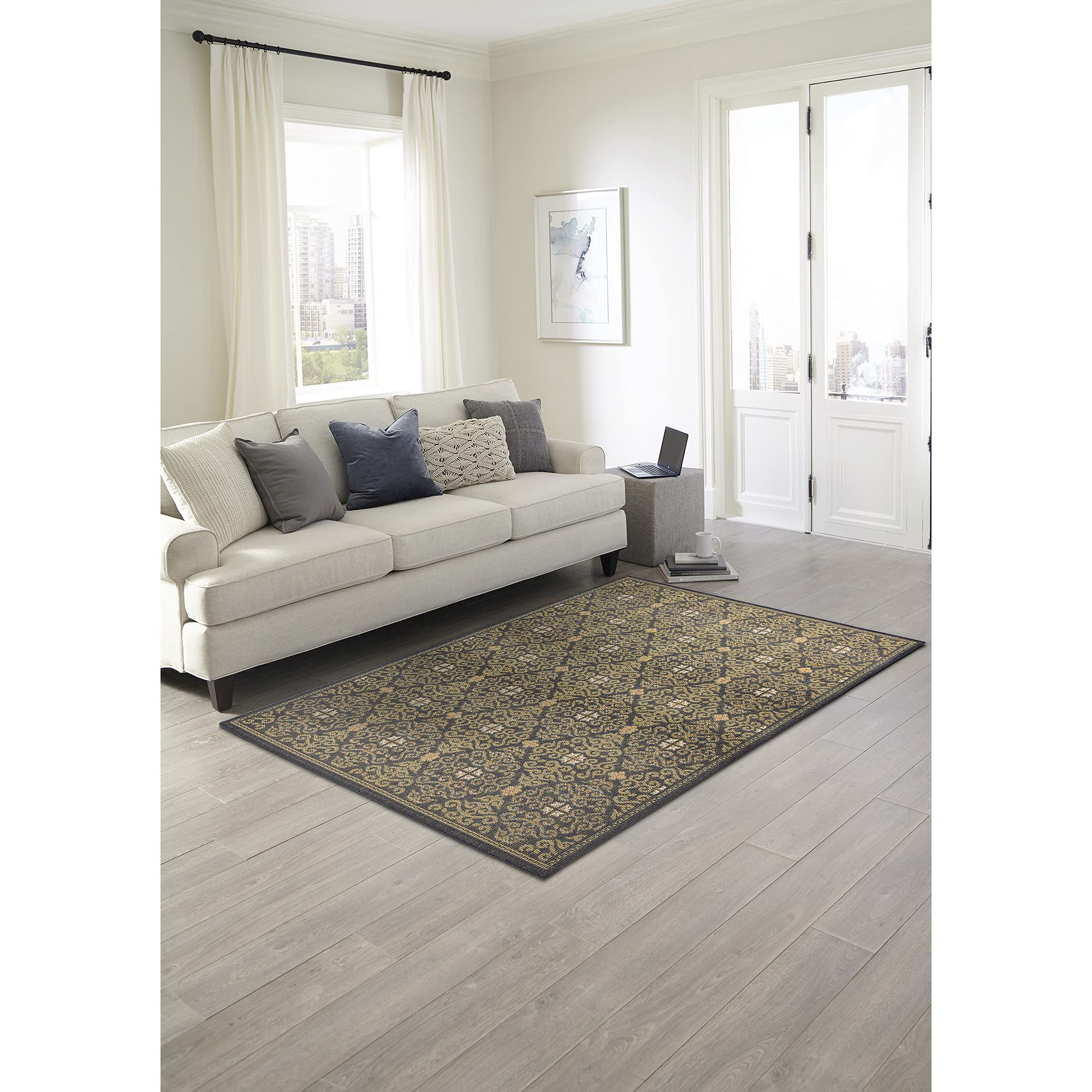 Liora Manne Patio Low Profile Easy Care Weather Resistant Indoor/Outdoor Rug - Geometric Suzani Diamonds Navy 6'6