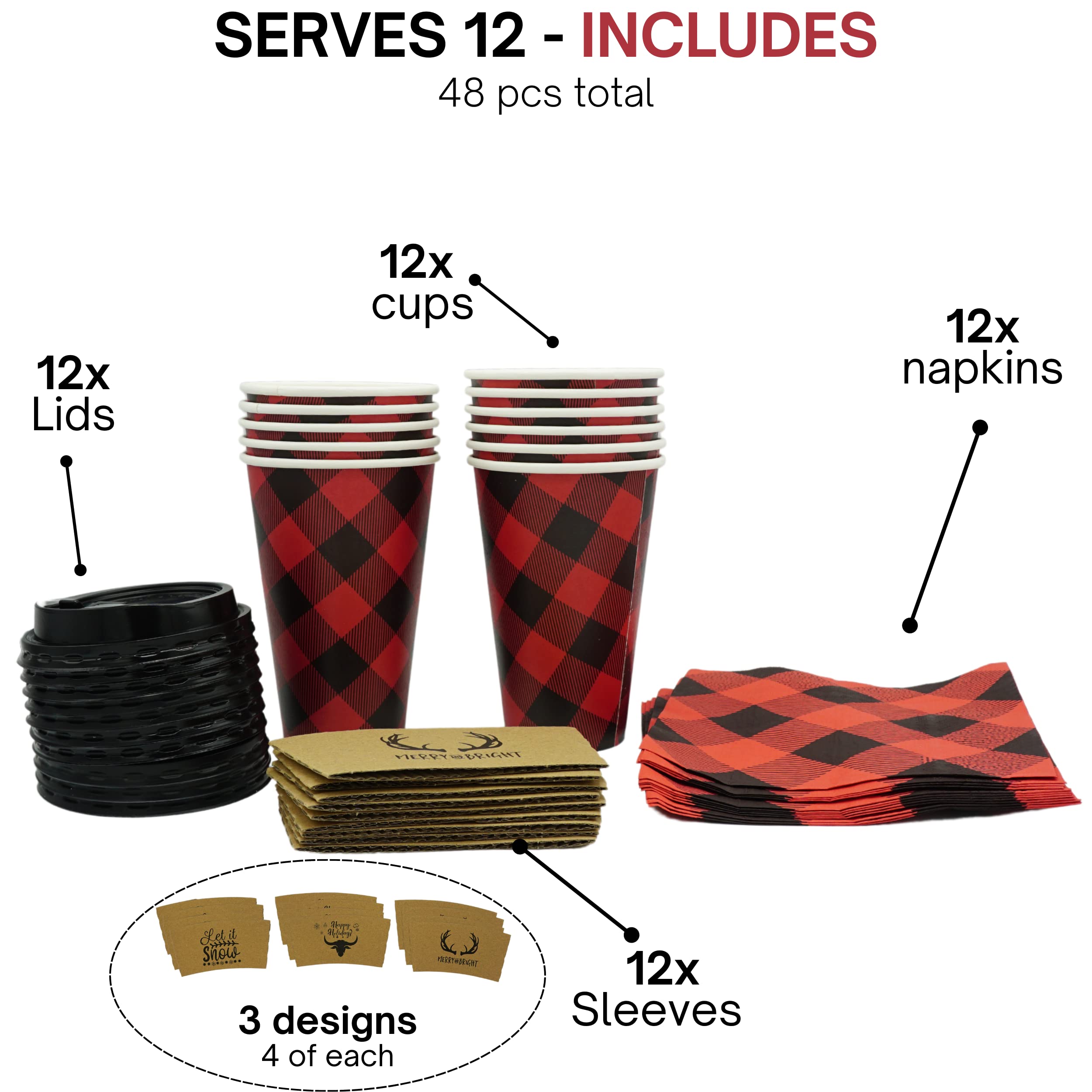 16oz Buffalo Plaid Christmas Disposable Coffee Cups with Lids & Sleeves (12 Pack) - Insulated Paper Cups for Hot Cocoa, Hot Chocolate Bar, Lumberjack Party Supplies - Perfect for Holiday Gatherings, Office Parties & Winter Celebrations
