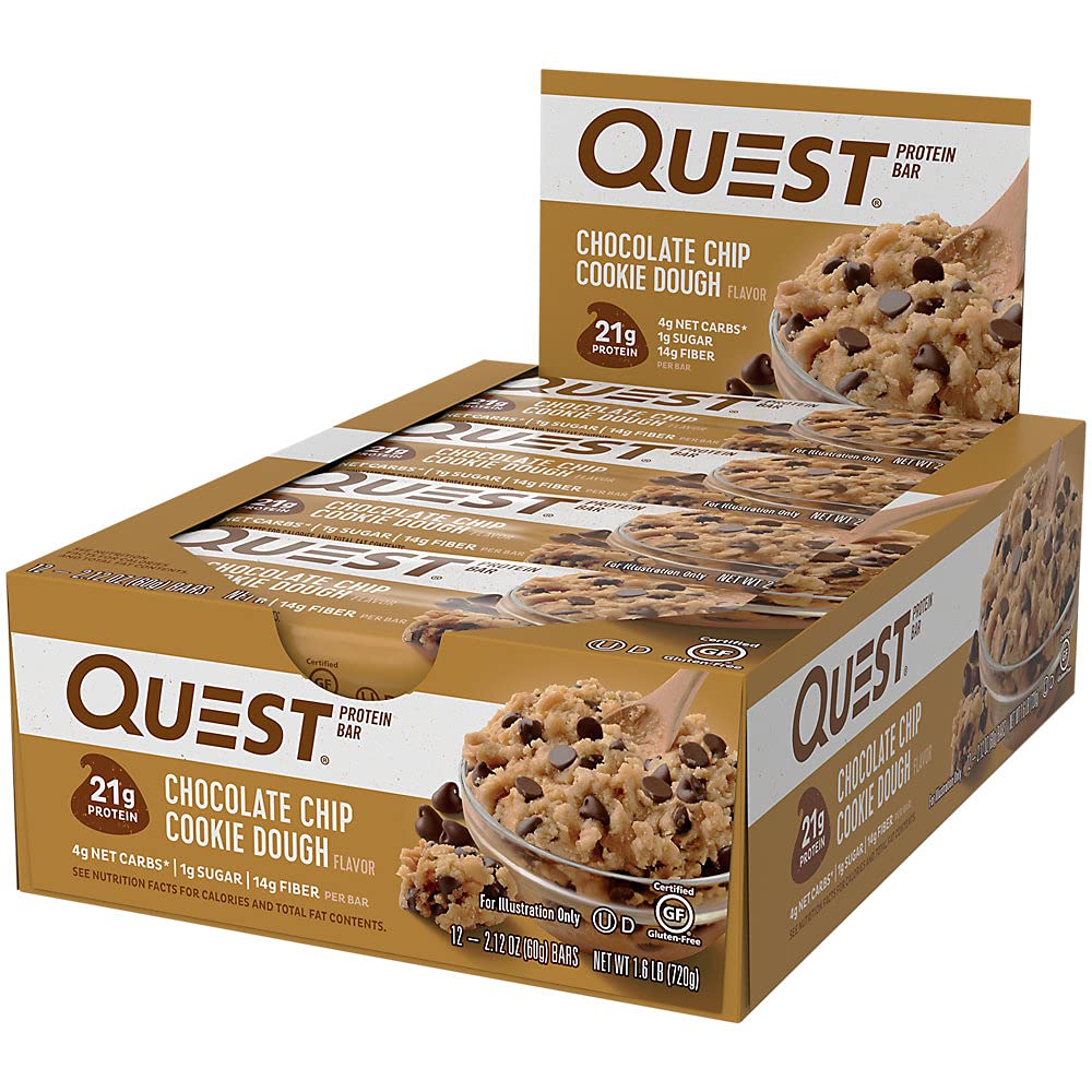 Quest Nutrition Chocolate Chip Cookie Dough Protein Bars - 12 Pack | 21g Protein, 1g Sugar, 4g Net Carbs | Gluten Free, Keto Friendly Snacks | Perfect for Workouts, Travel & On-the-Go Nutrition