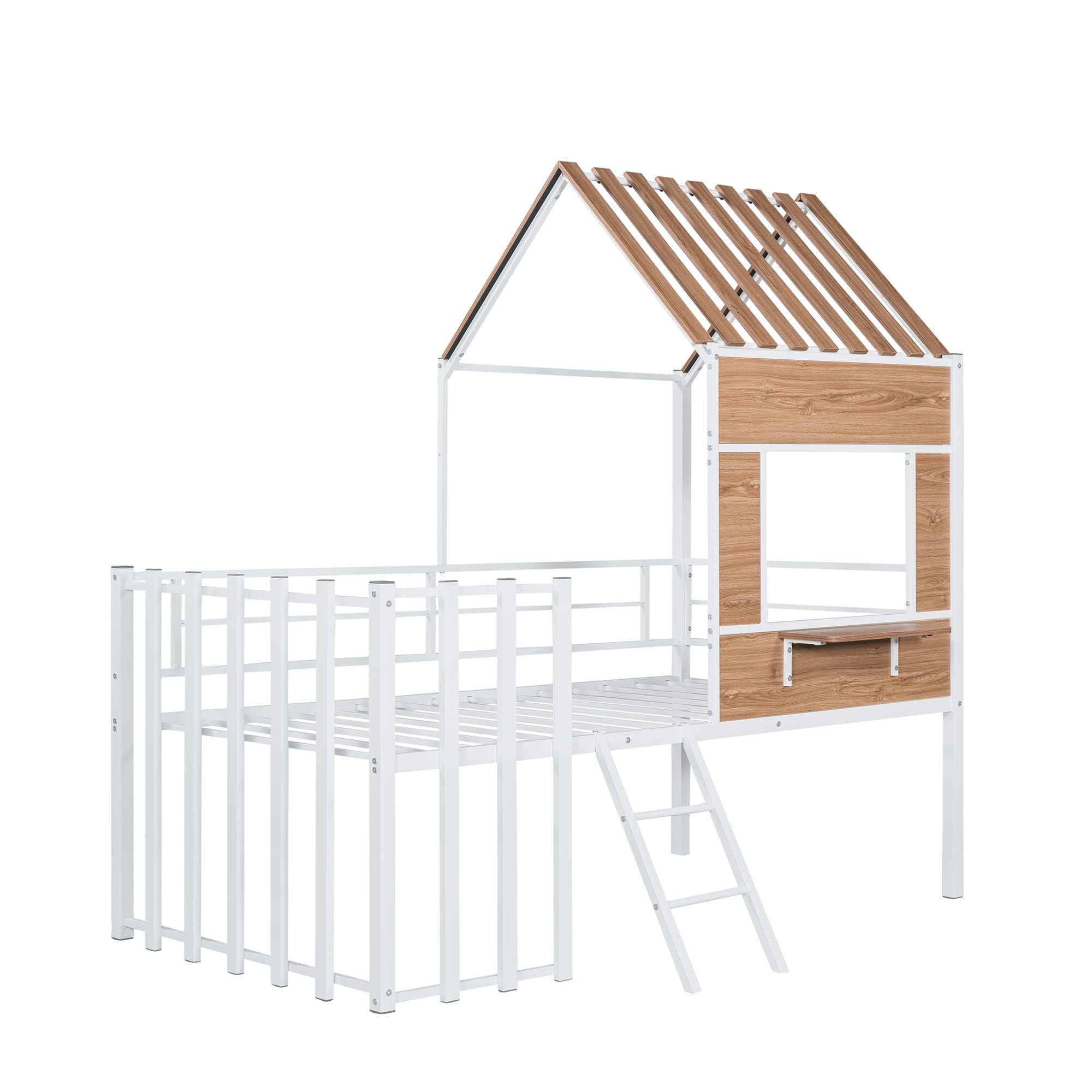 **Rhomtree Twin Size Metal Loft Tent Bed Frame with Roof, Window, Guardrail & Ladder - White Kids Playhouse Bed for Nursery, Bedroom & Playroom - Fun & Safe Sleeping & Play Space for Toddlers & Children**